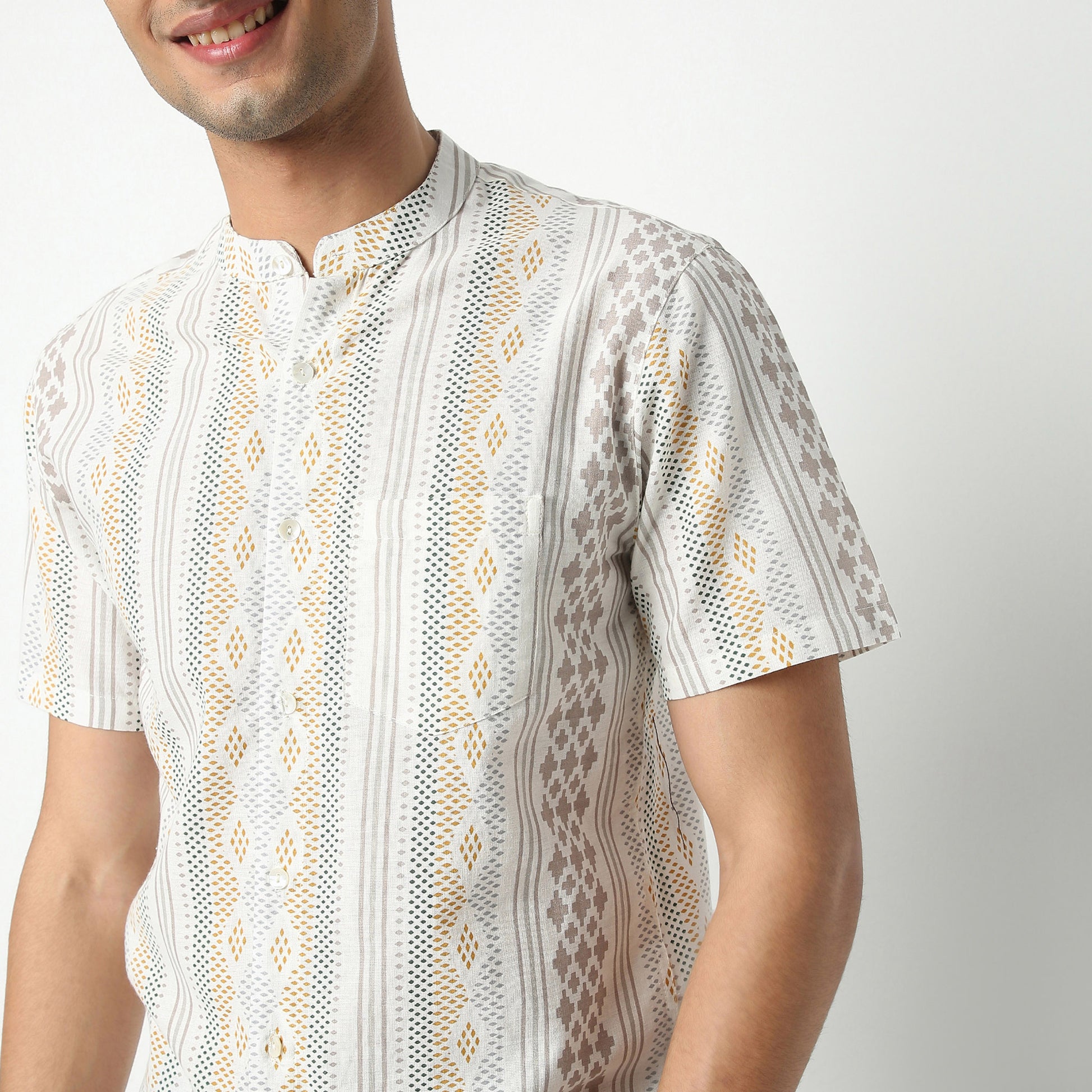 Regular Fit Printed Mandarin Collar Short Length Shirt