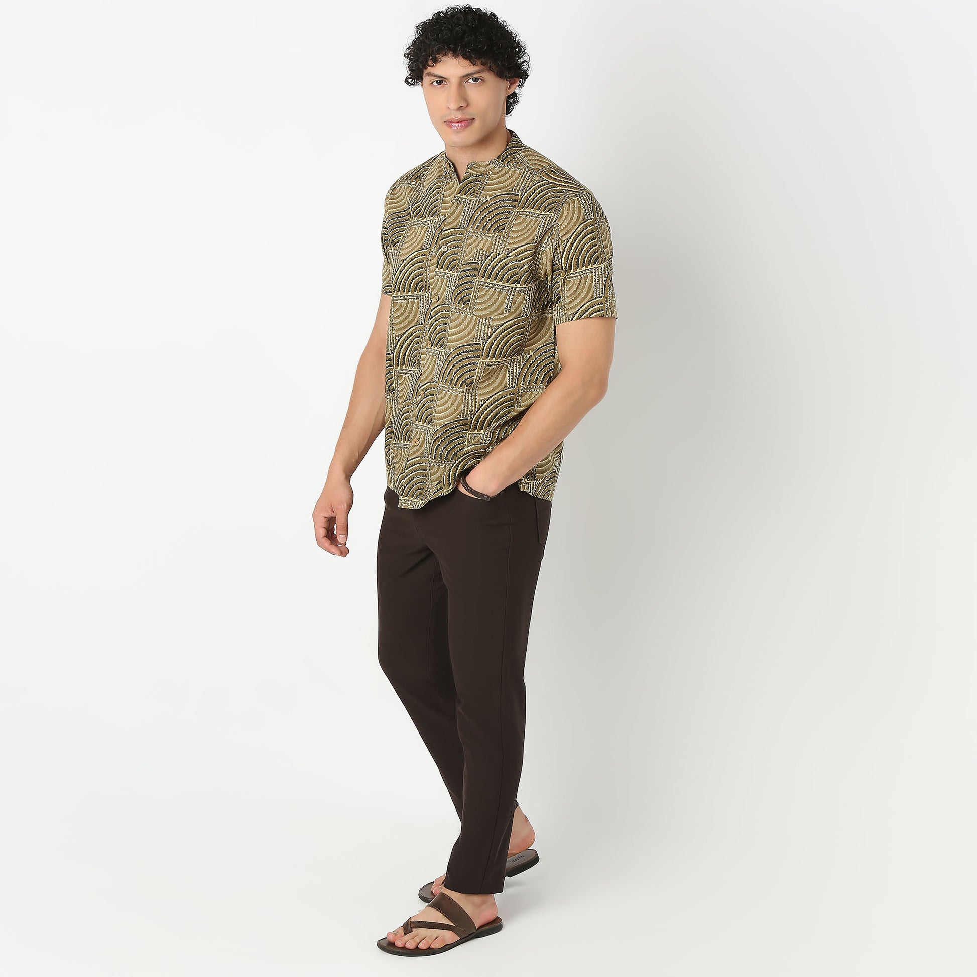 Mandarin Collar Short Length Printed Shirt