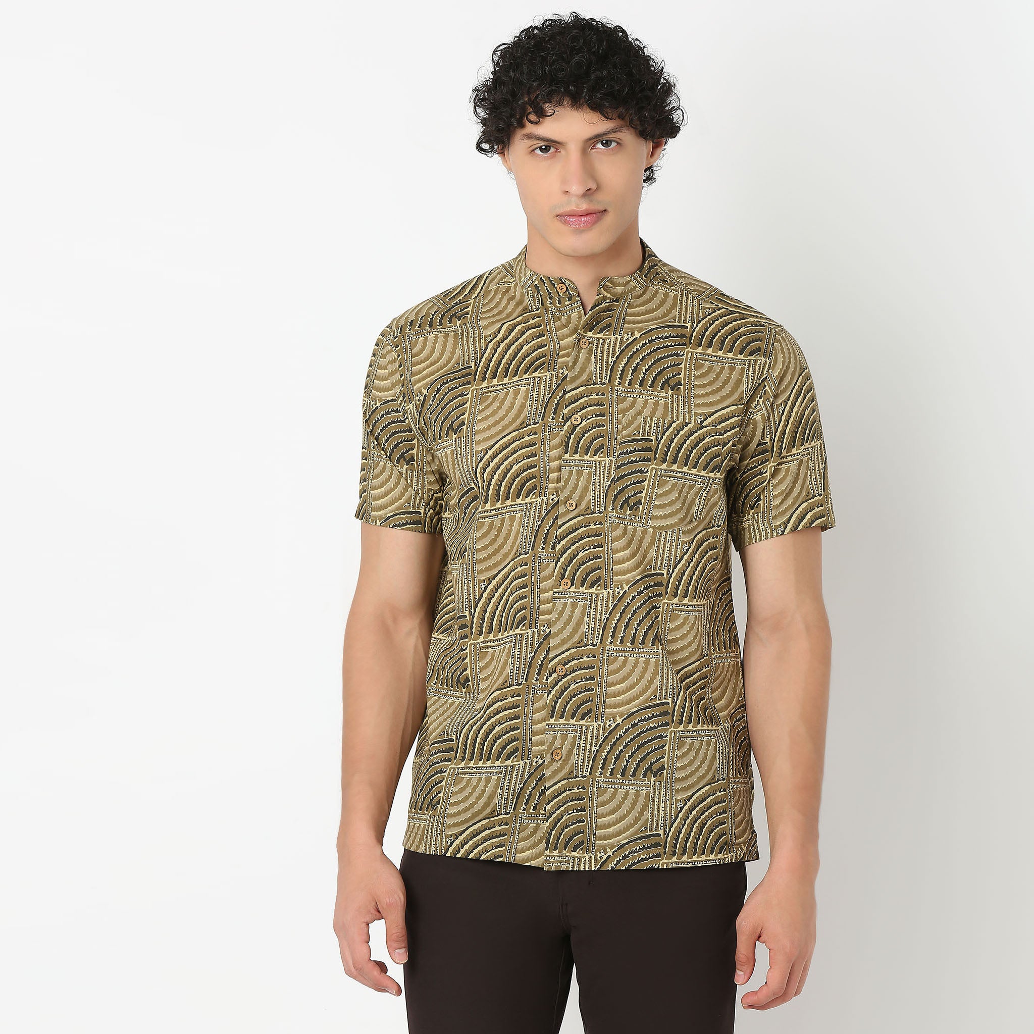 Mandarin Collar Short Length Printed Shirt