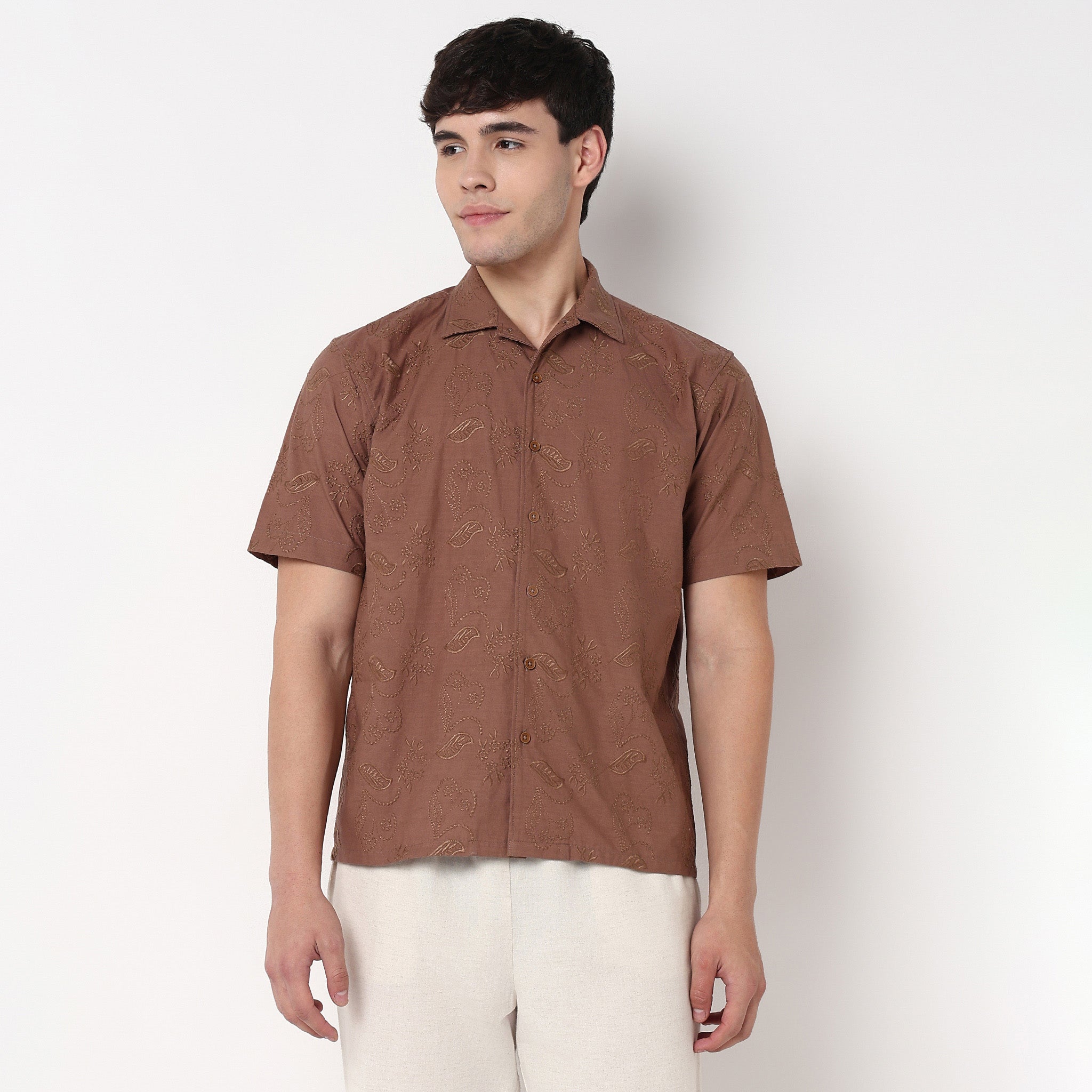 Point Down Schiffli Cotton Shirt