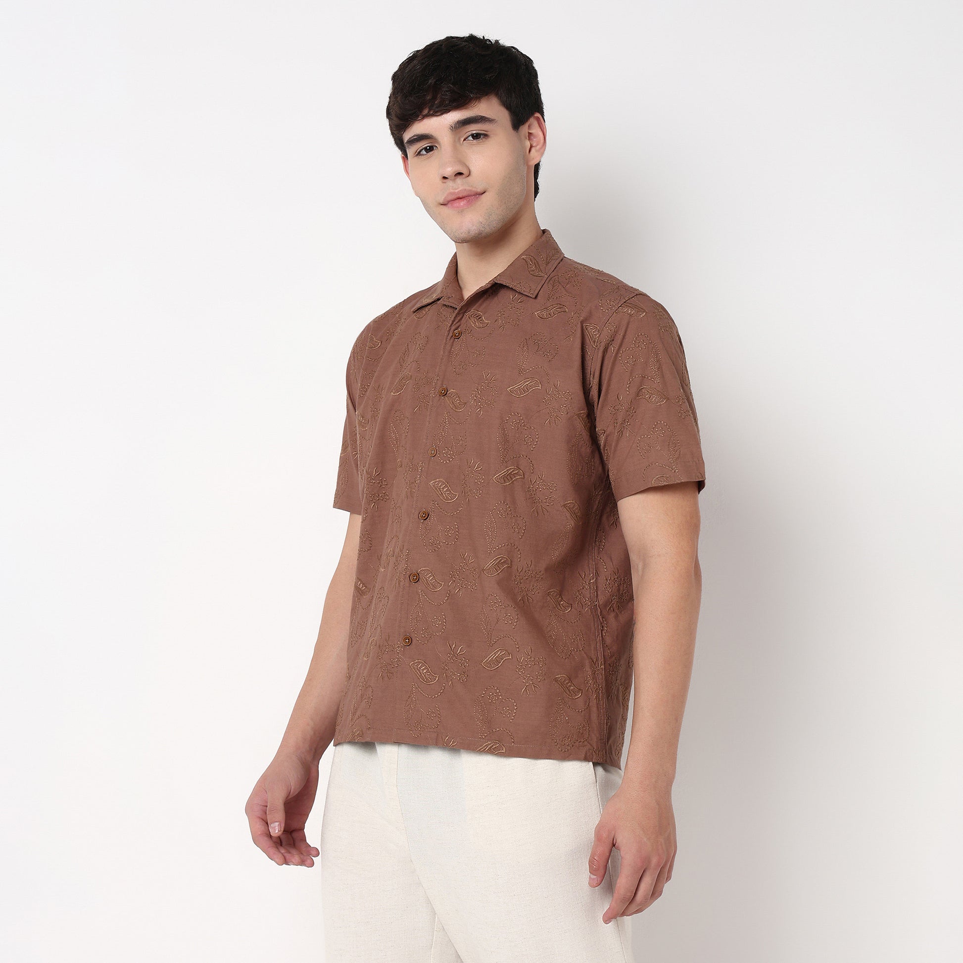 Point Down Schiffli Cotton Shirt
