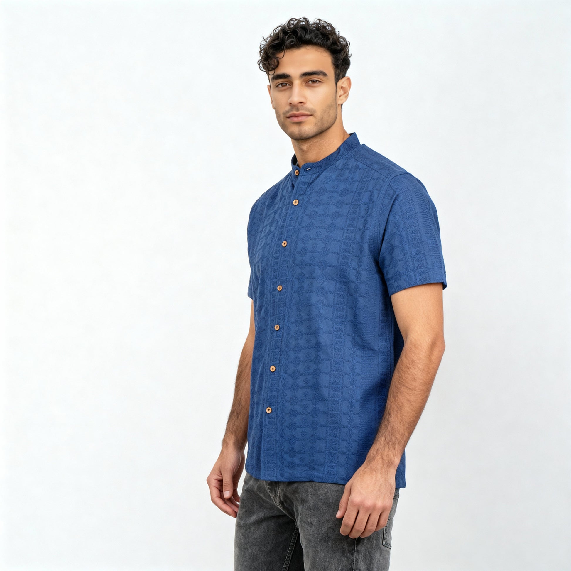 Cotton Mandarin Schiffli Shirt