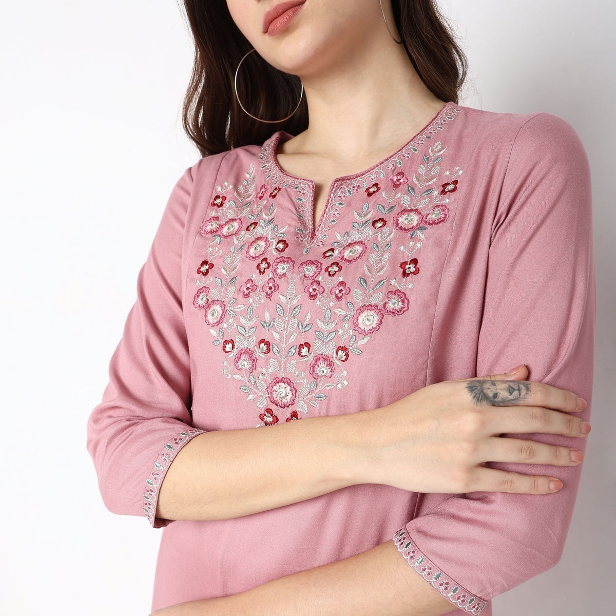 Women Wearing Flare Fit Embroidered Kurta