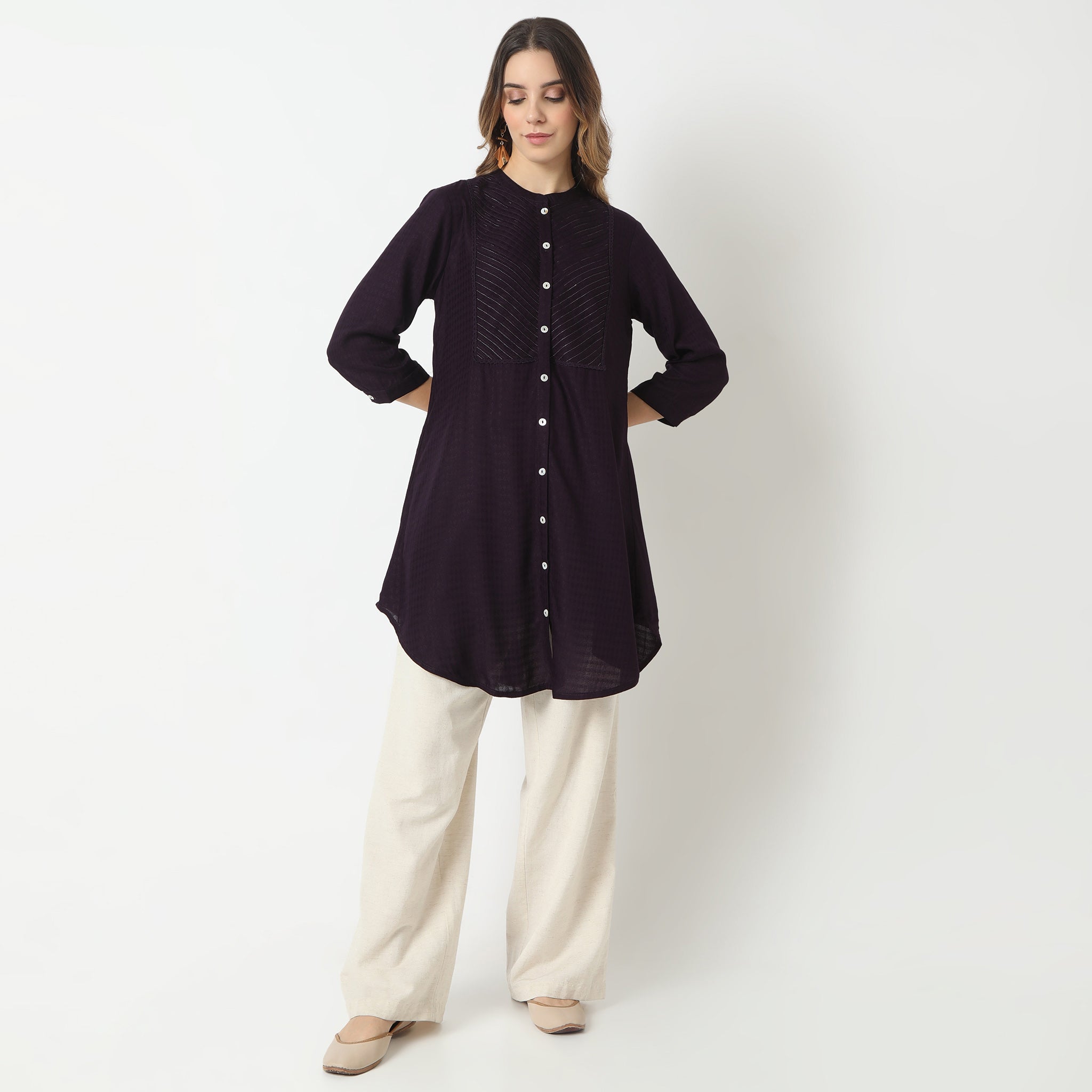 Embroidered Band Neck Kurta with Highlight of Sequence Work