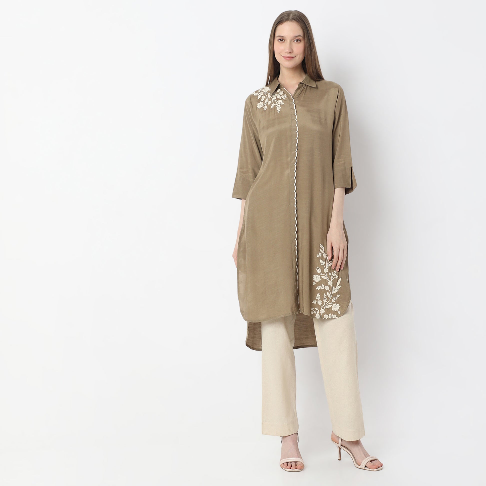 Embroidered Above Knee Flared Workday Staples High-Low Kurta