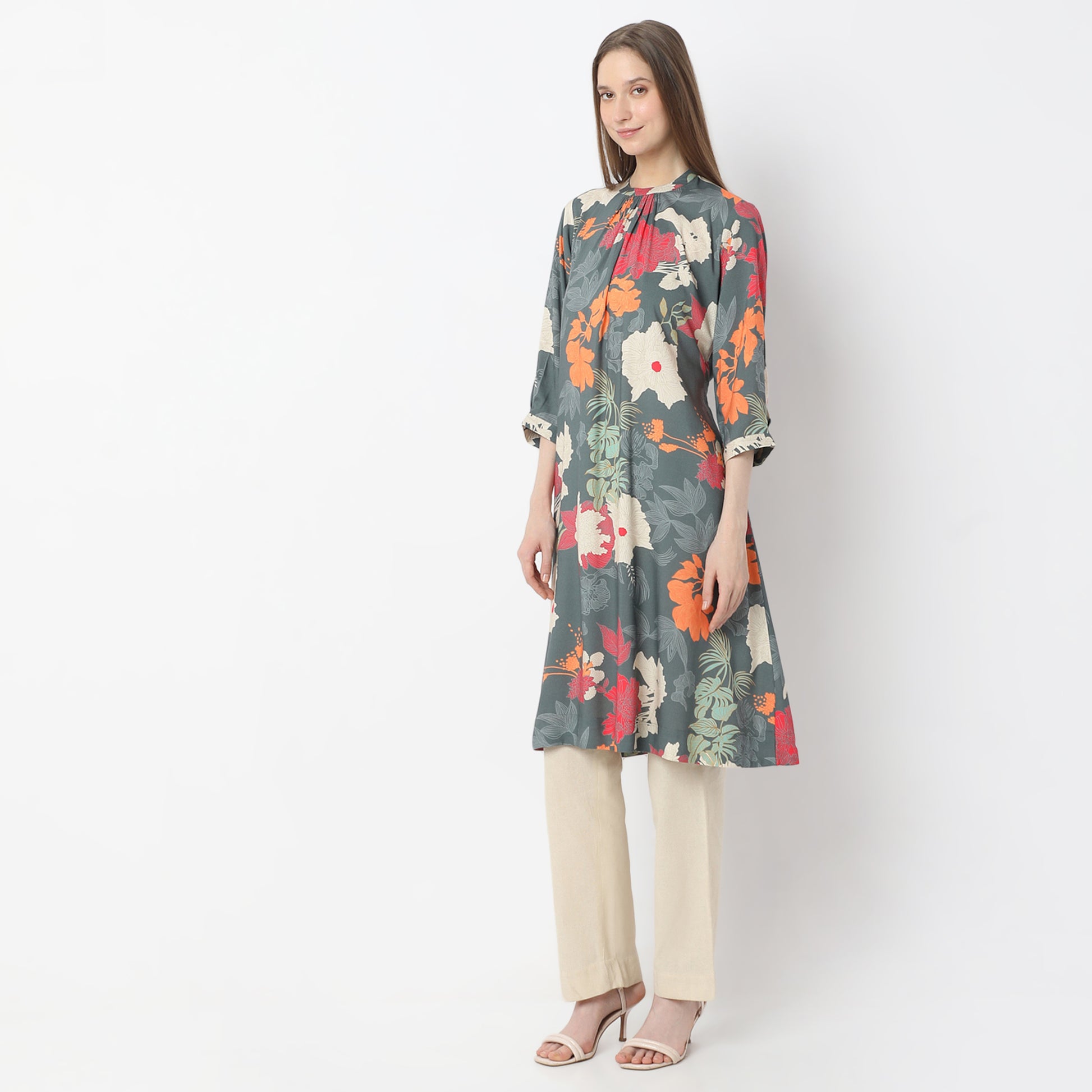 Printed Knee Length Band Neck Straight Kurta