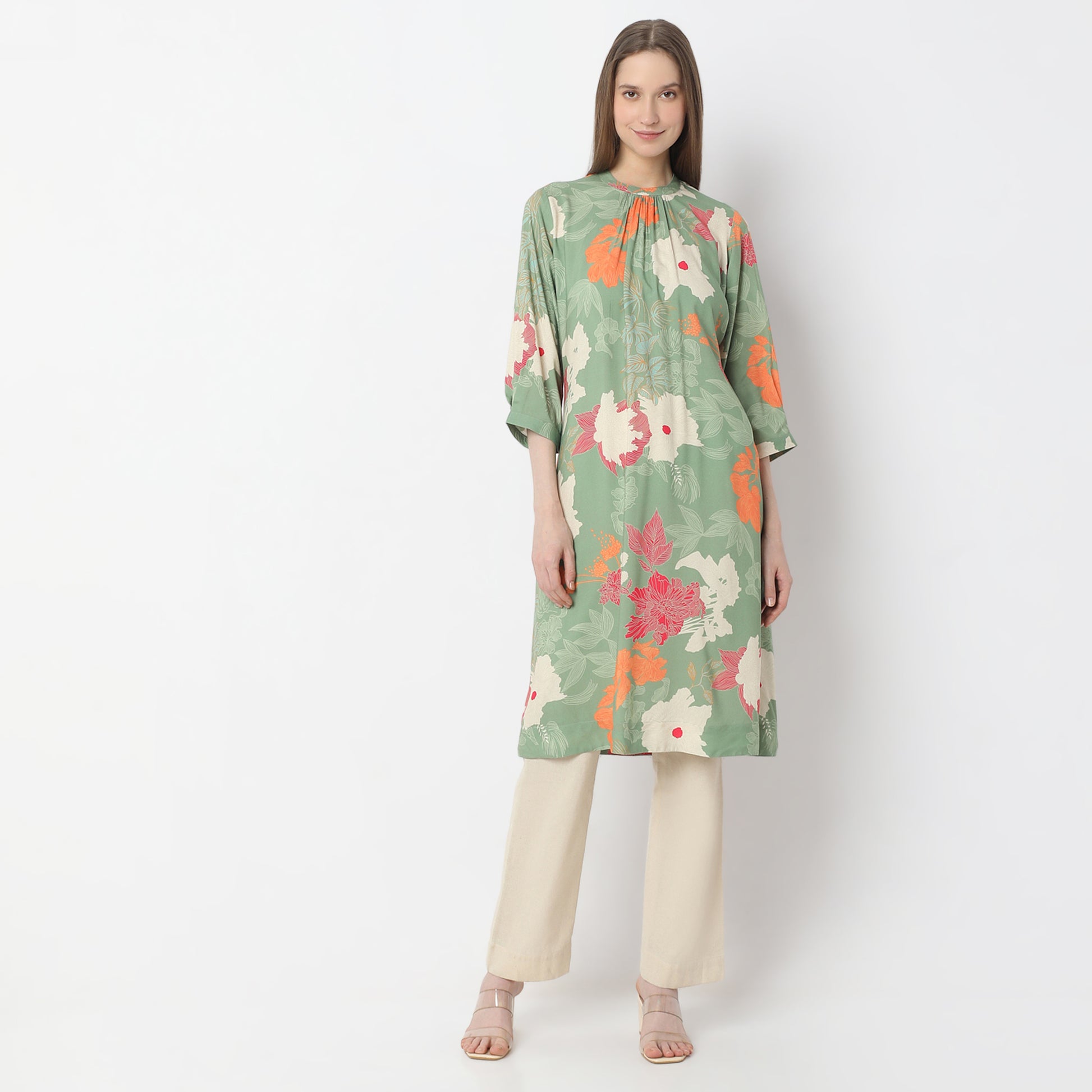 Printed Knee Length Band Neck Straight Kurta