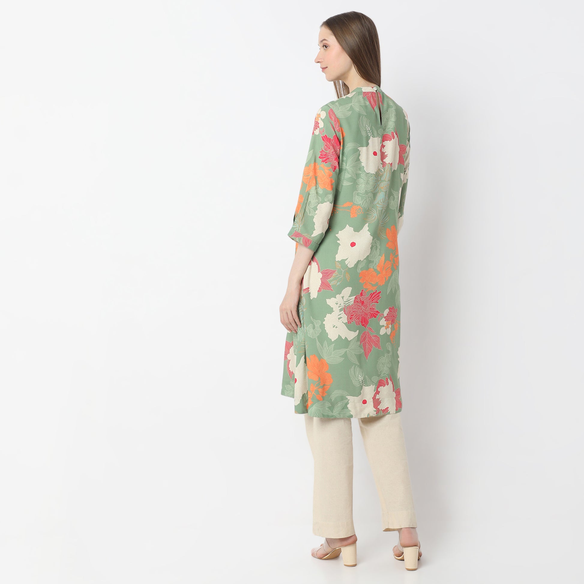 Printed Knee Length Band Neck Straight Kurta