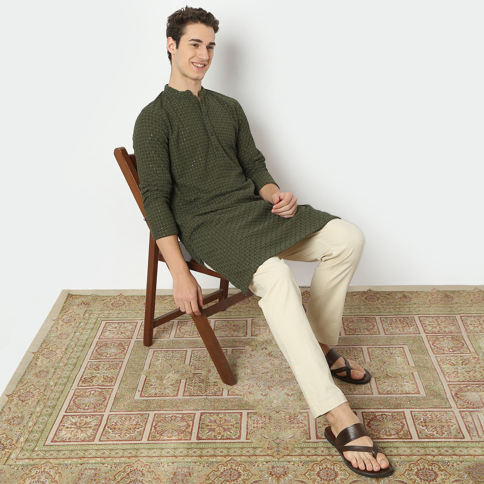 Embroidered Knee Length Straight Schiffli Kurta