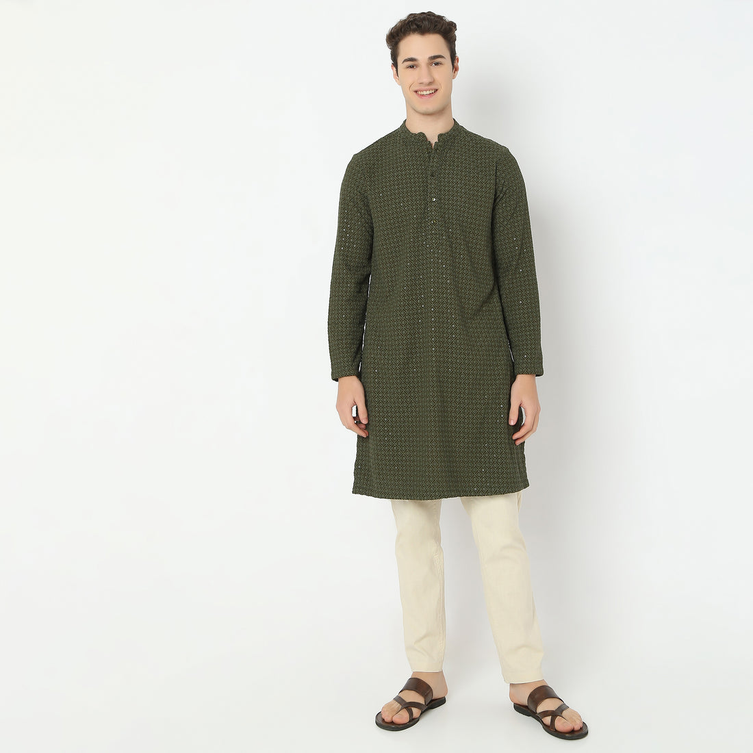 Embroidered Knee Length Straight Schiffli Kurta