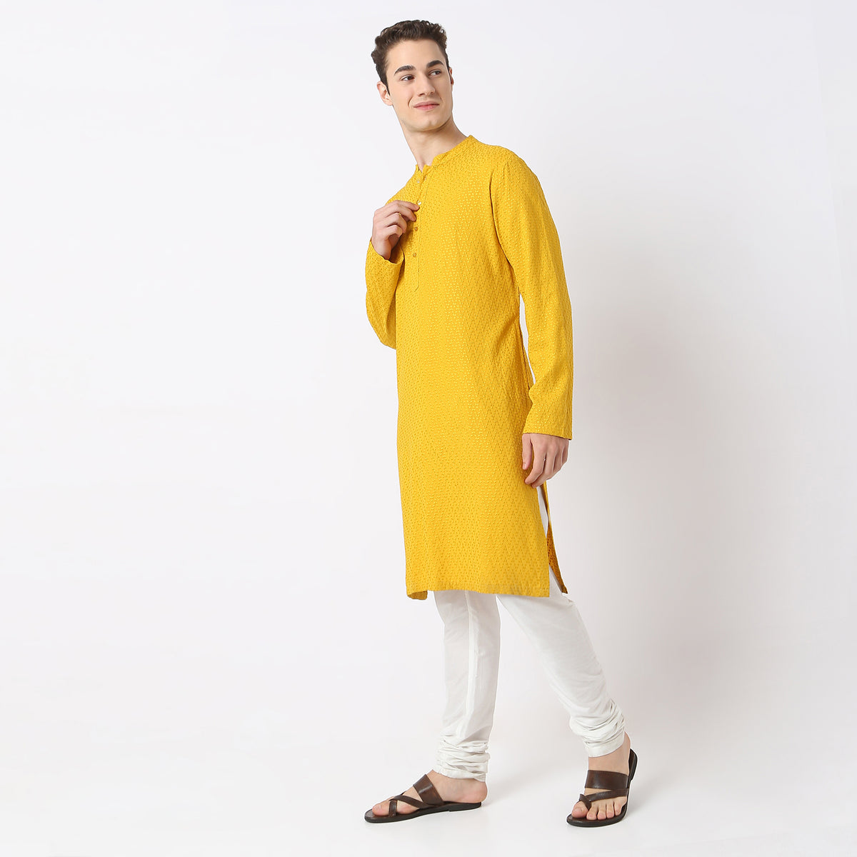 Embroidered Full Length Mandarin Collar Straight Schiffli Kurta