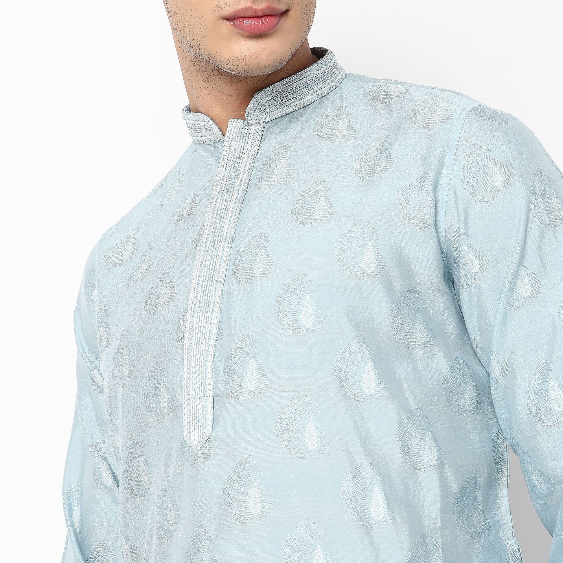 Knitted Jacquard Knee Length Mandarin Collar Straight Kurta