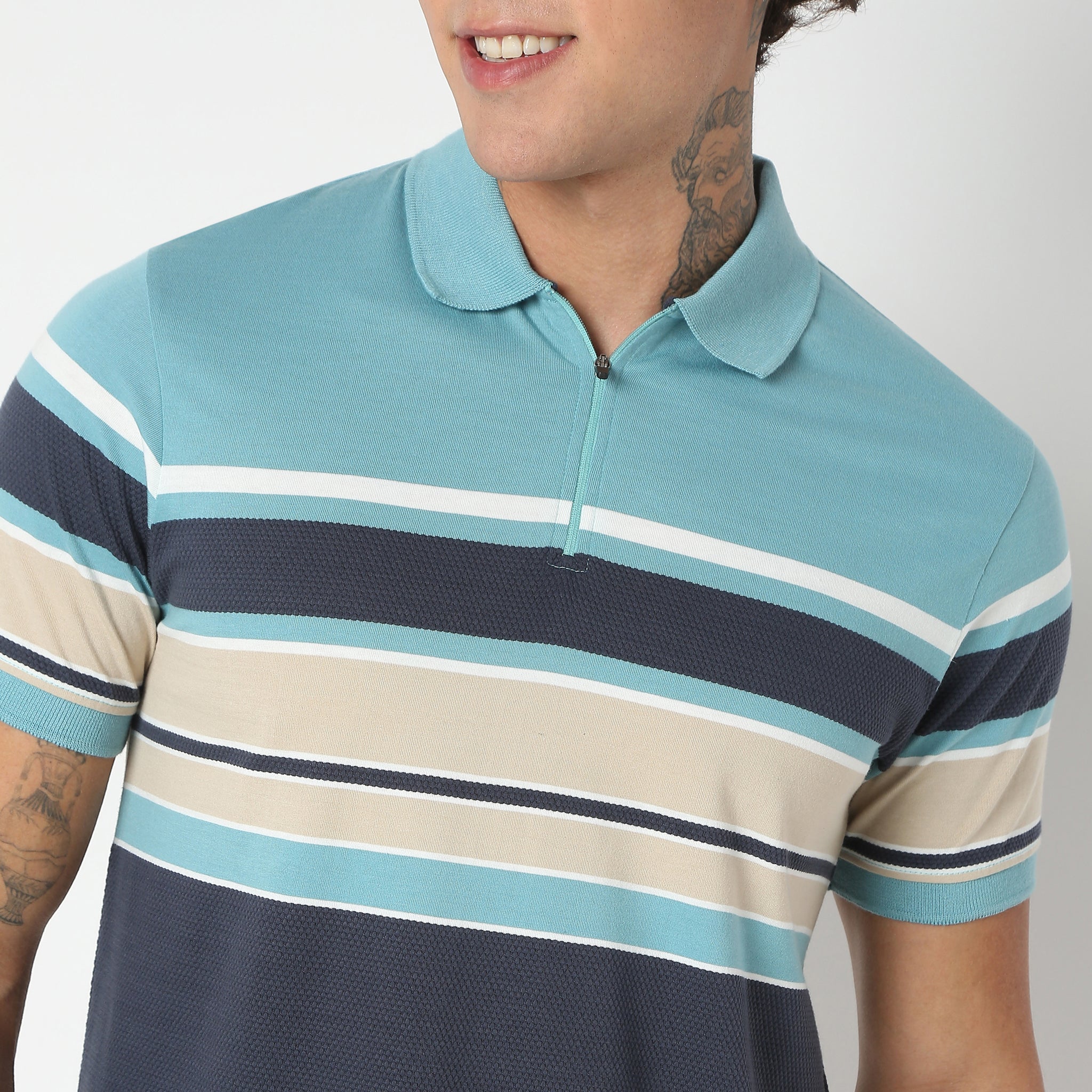 Weekend Polo™ - Exclusive Jacquard Stripes Pattern Zip Neck