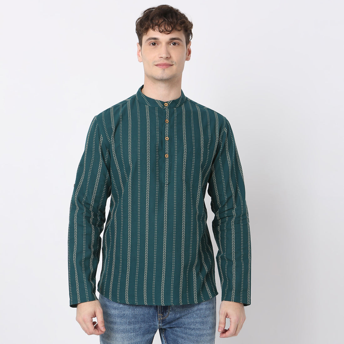 Structured Short Length Mandarin Collar Yard Dyed Dobby Short Kurta