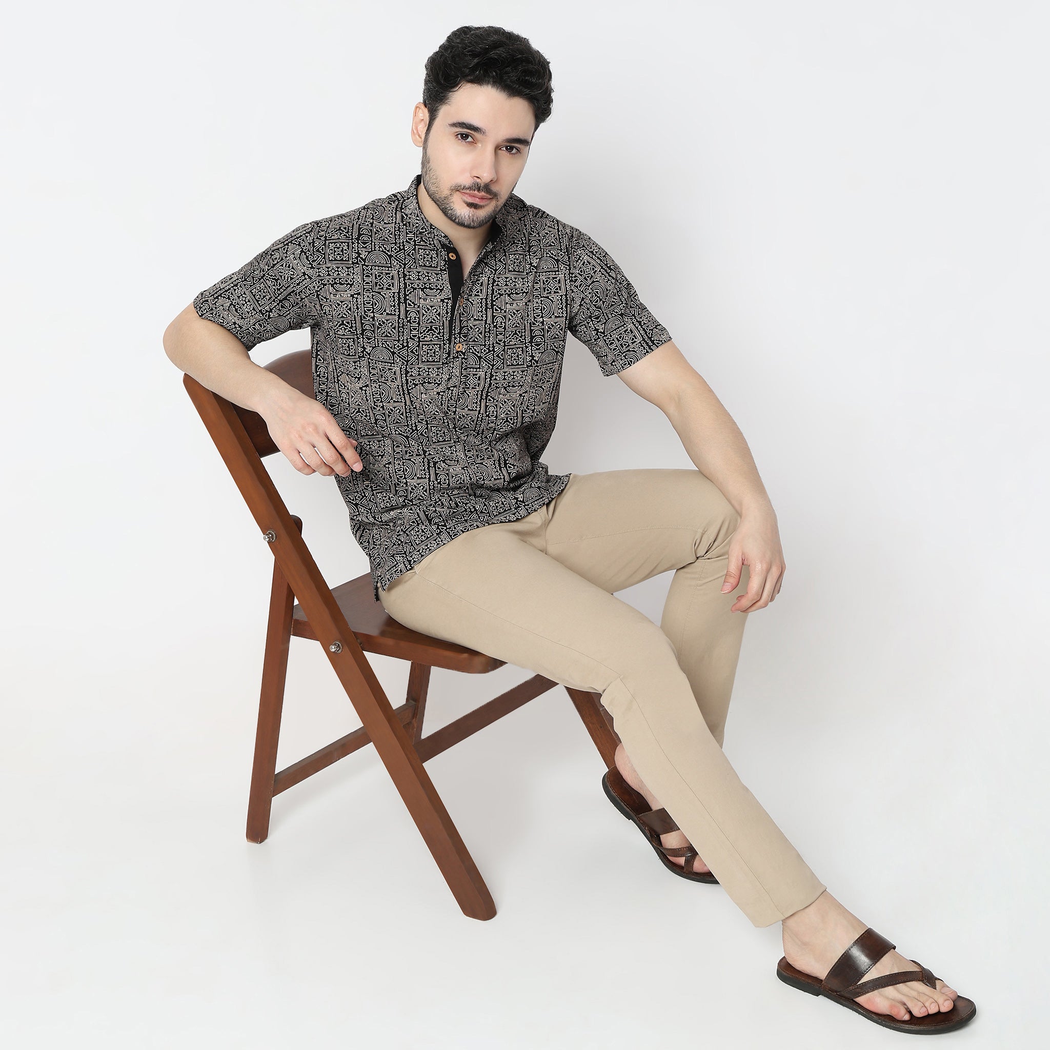 Printed Half Sleeve Mandarin Collar Knit Short Kurta