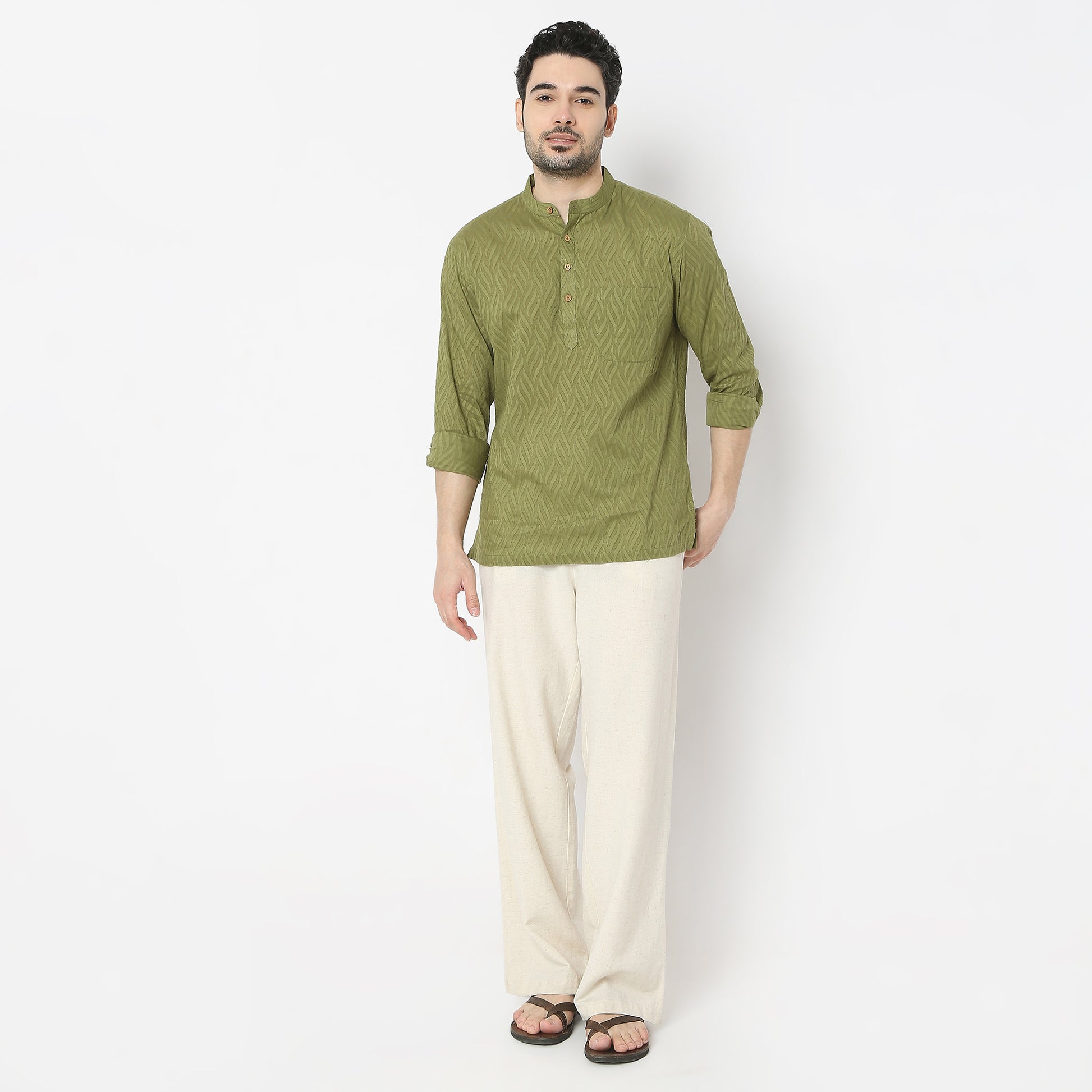 Regular Fit Jacquard Mandarin Collar Short Length Kurta