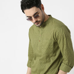 Regular Fit Jacquard Mandarin Collar Short Length Kurta