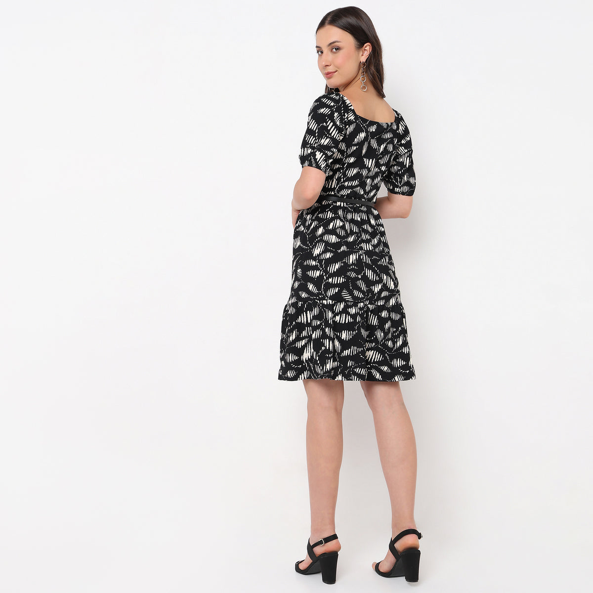Flare Fit Printed Square Neck Tiered Dress