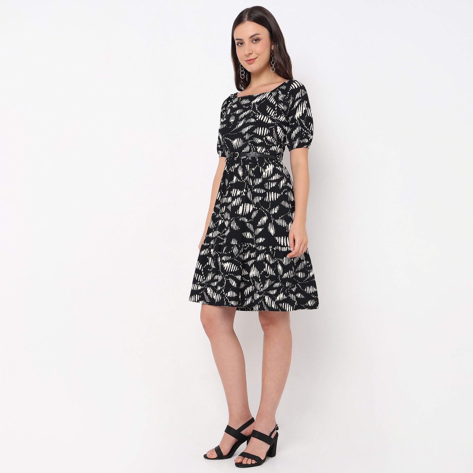 Flare Fit Printed Square Neck Tiered Dress
