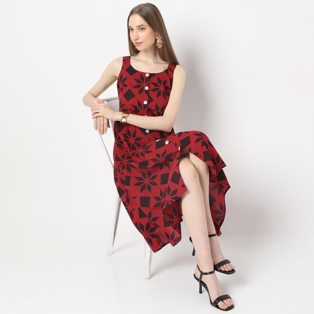 Flare Fit Floral Print Below Knee Shoulder Straps Dress