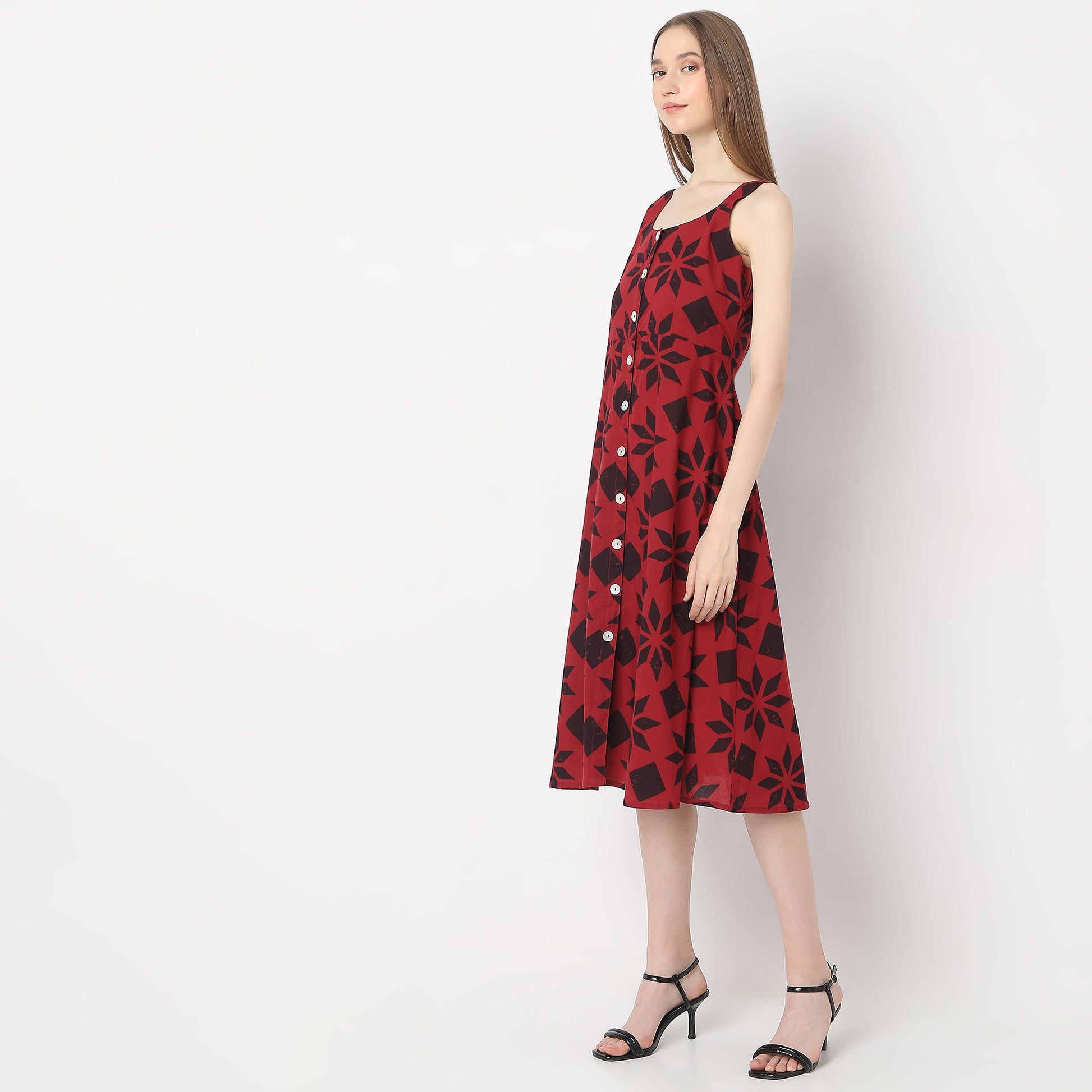 Flare Fit Floral Print Below Knee Shoulder Straps Dress