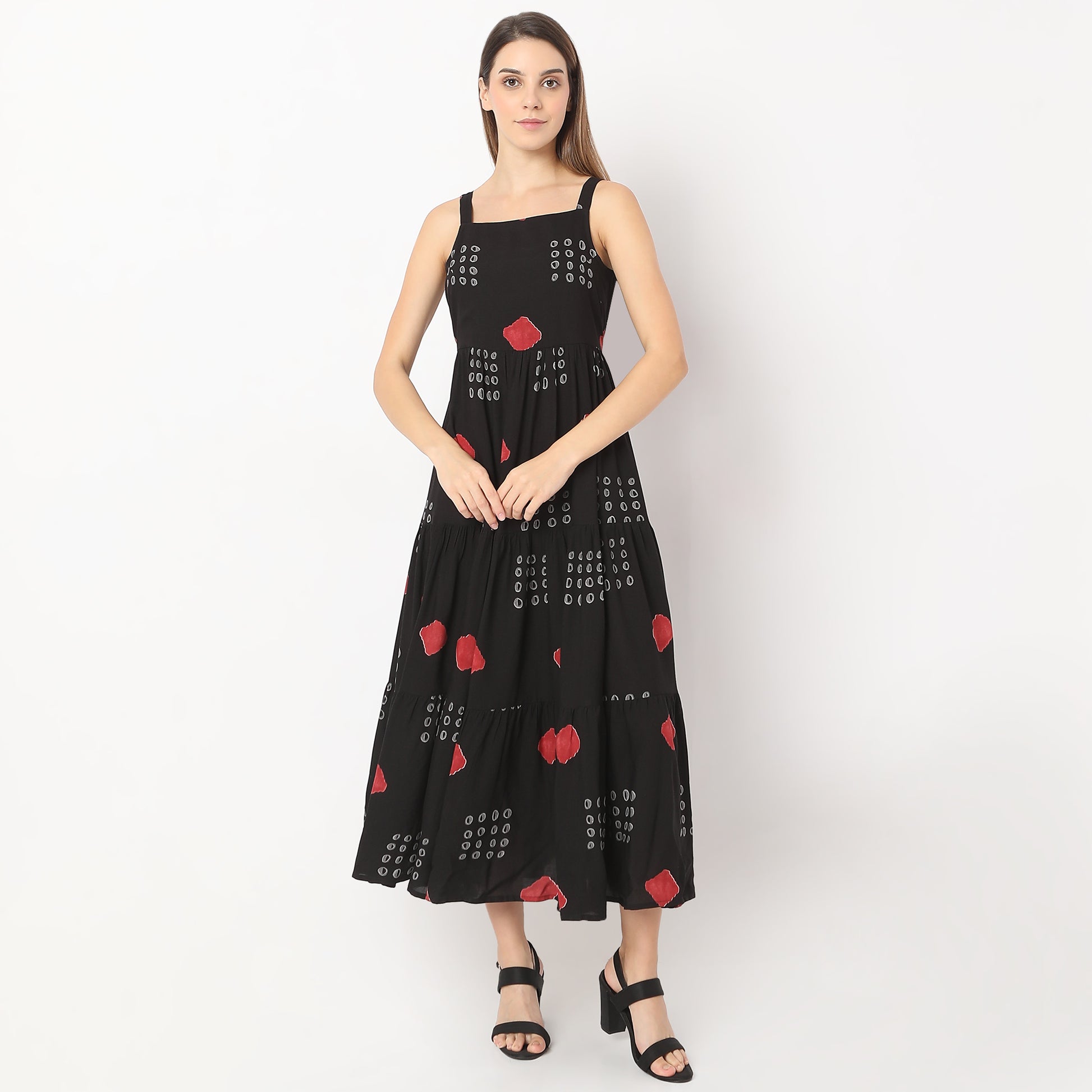 Flare Fit Printed Calf Length Square Neck Tiered Sleeveless Dress