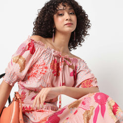 Flare Fit Printed Off Shoulder Dress