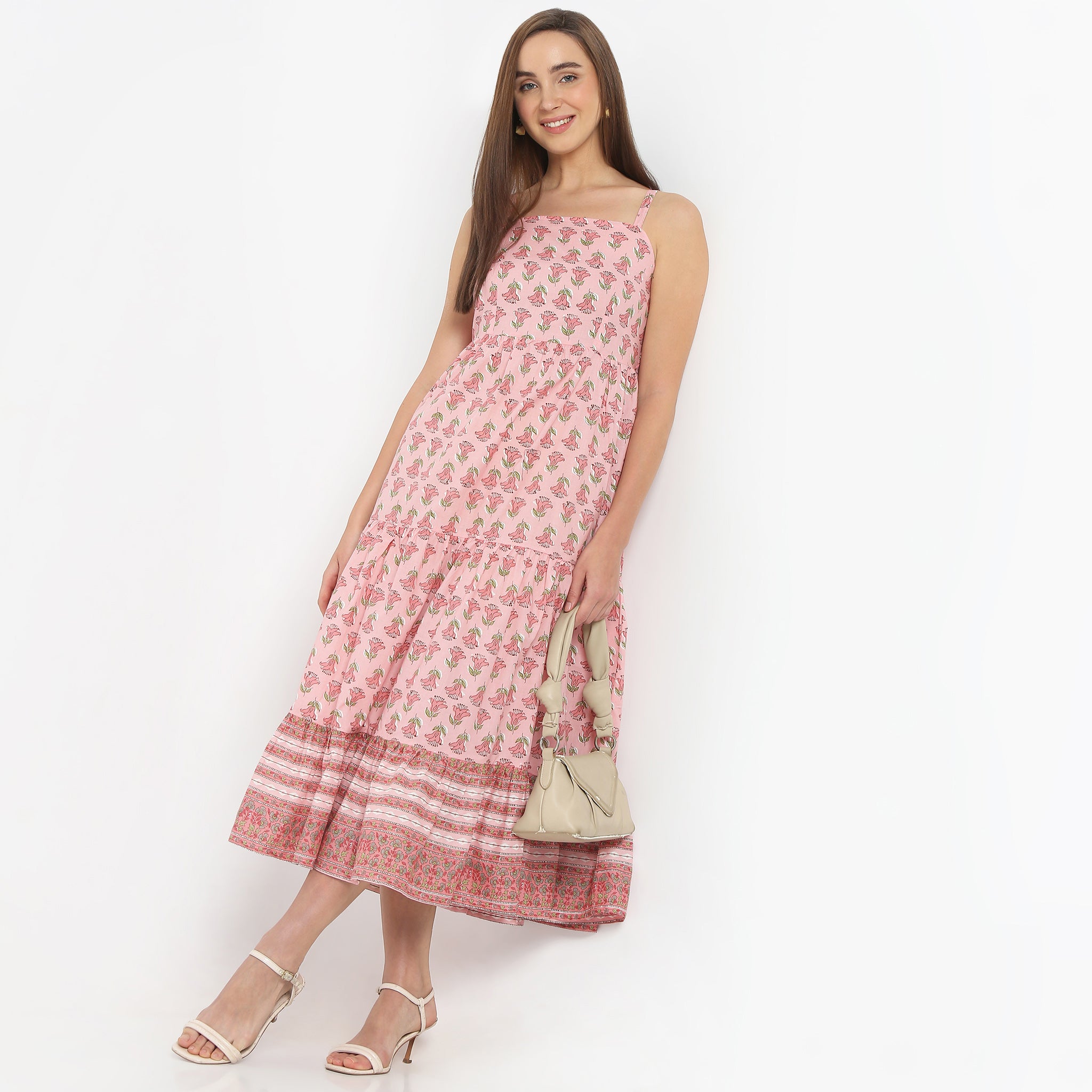 Flare Fit Printed Square Neck Below Knee Dress