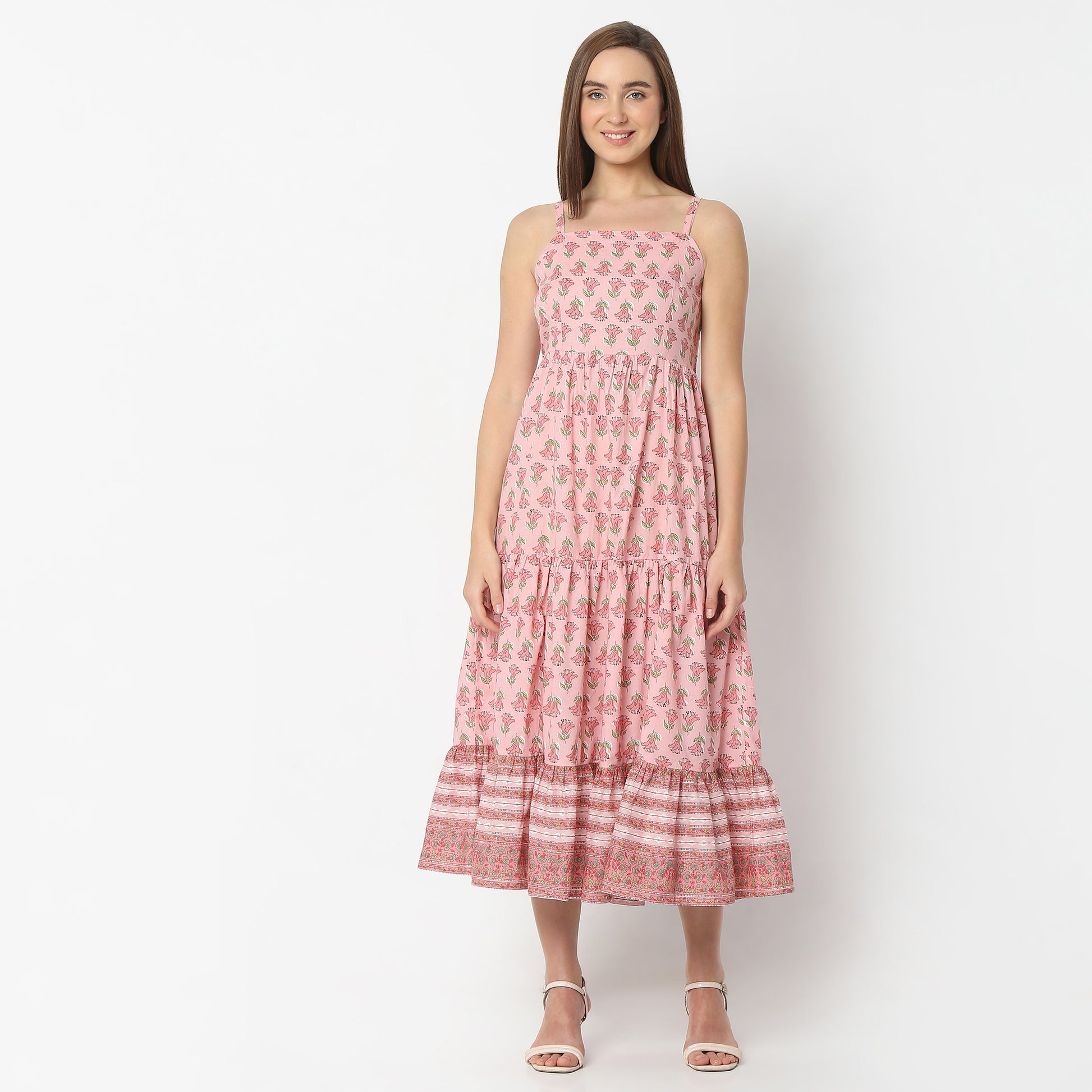 Flare Fit Printed Square Neck Below Knee Dress