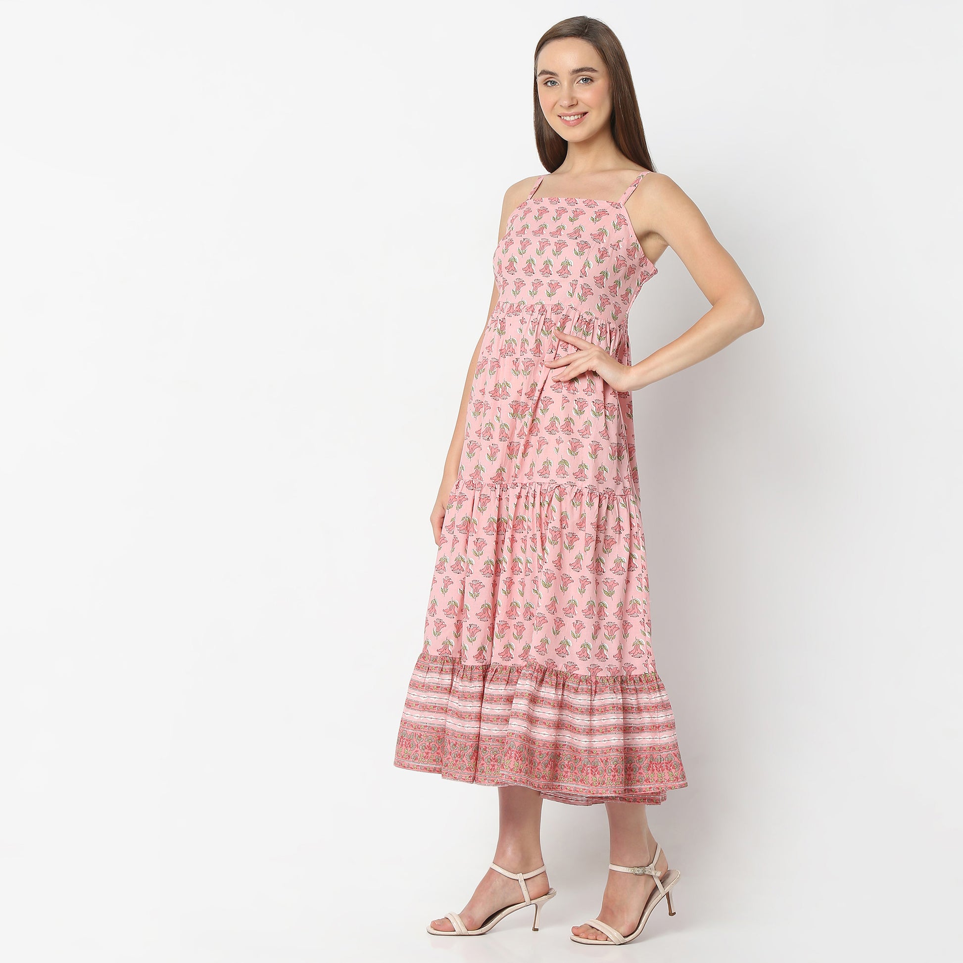 Flare Fit Printed Square Neck Below Knee Dress