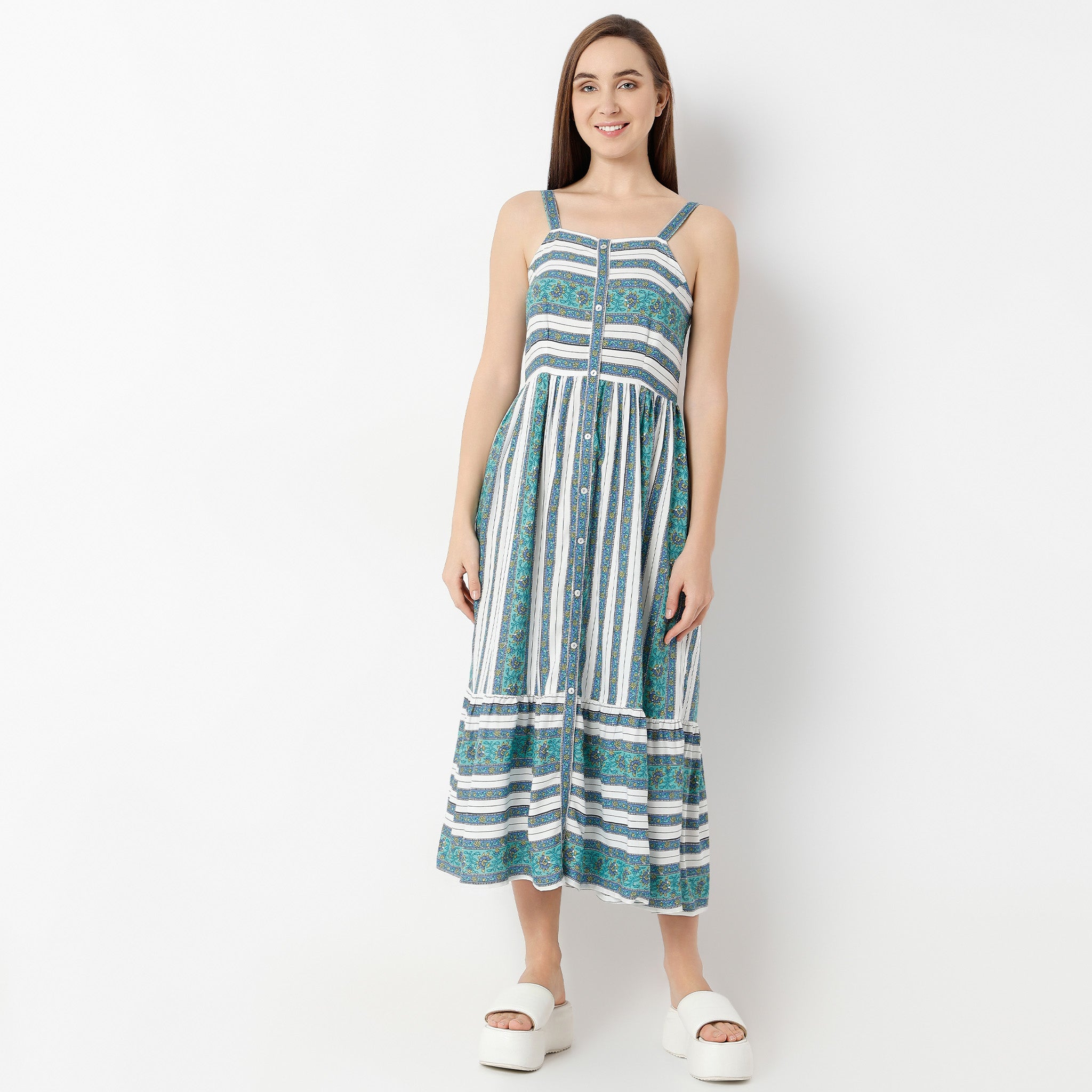 Square Neck Calf Length Sleeveless Flare Fit Printed Strap