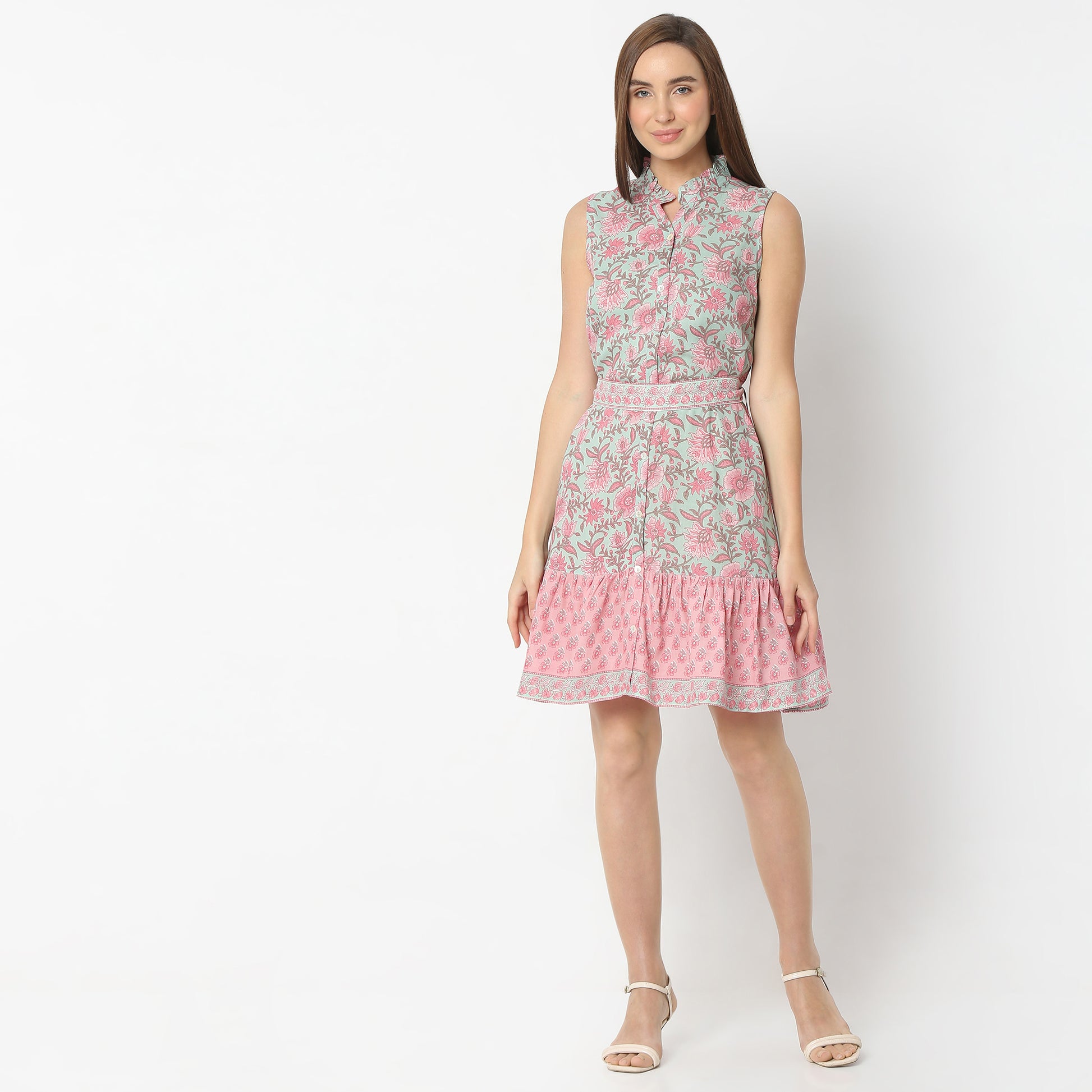 Flare Fit Printed Band Neck Above Knee Dress