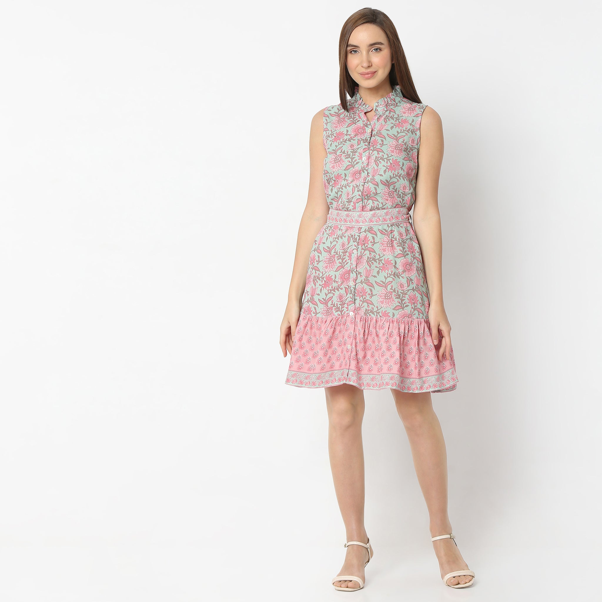 Flare Fit Printed Band Neck Above Knee Dress