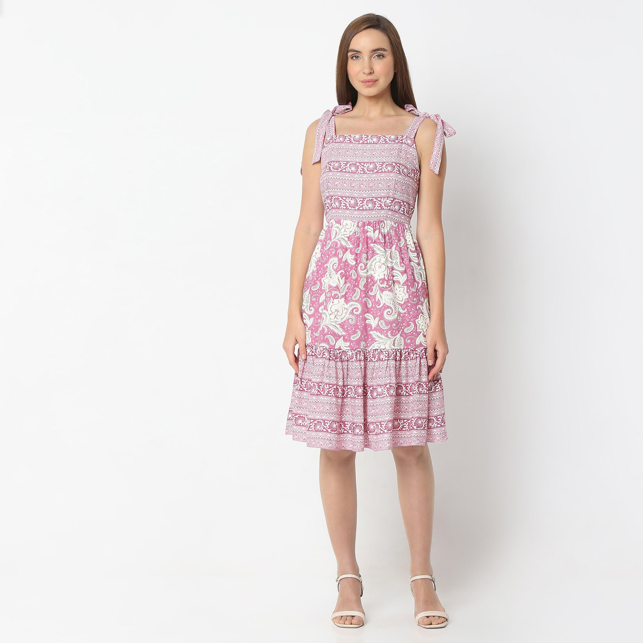 Flare Fit Floral Print Square Neck Knee Length Dress