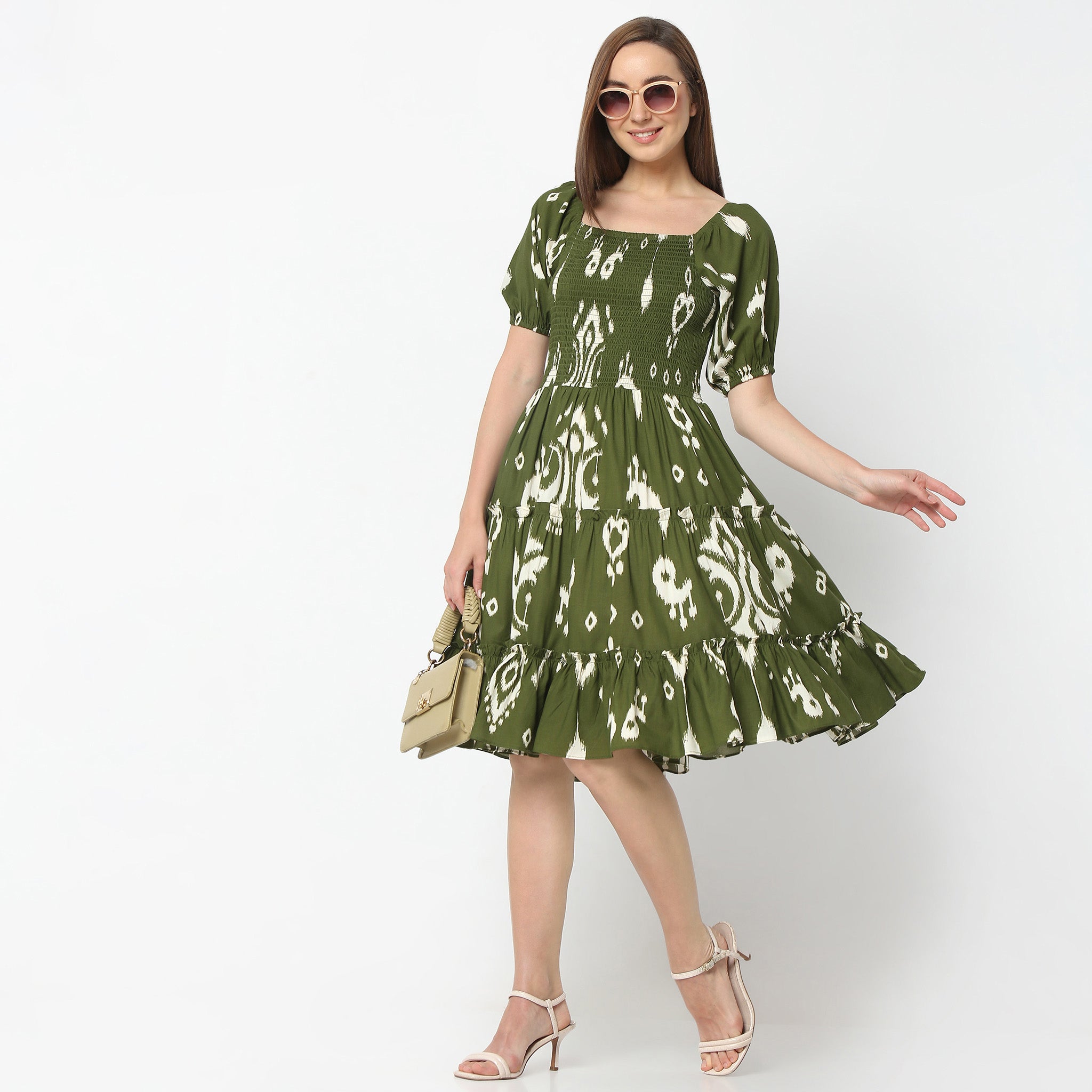 Flare Fit Printed Knee Length Square Neck Short Sleeve Tiered Dress Style Union Flare Fit Printed Knee Length Square Neck Short Sleeve Tiered Dress Style Union