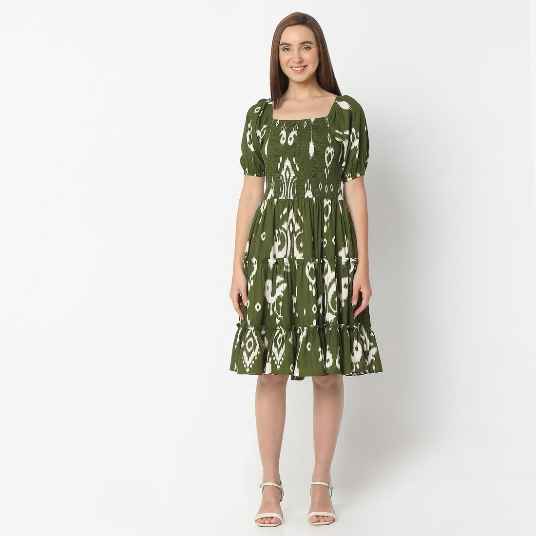 Flare Fit Printed Square Neck Knee Length Dress