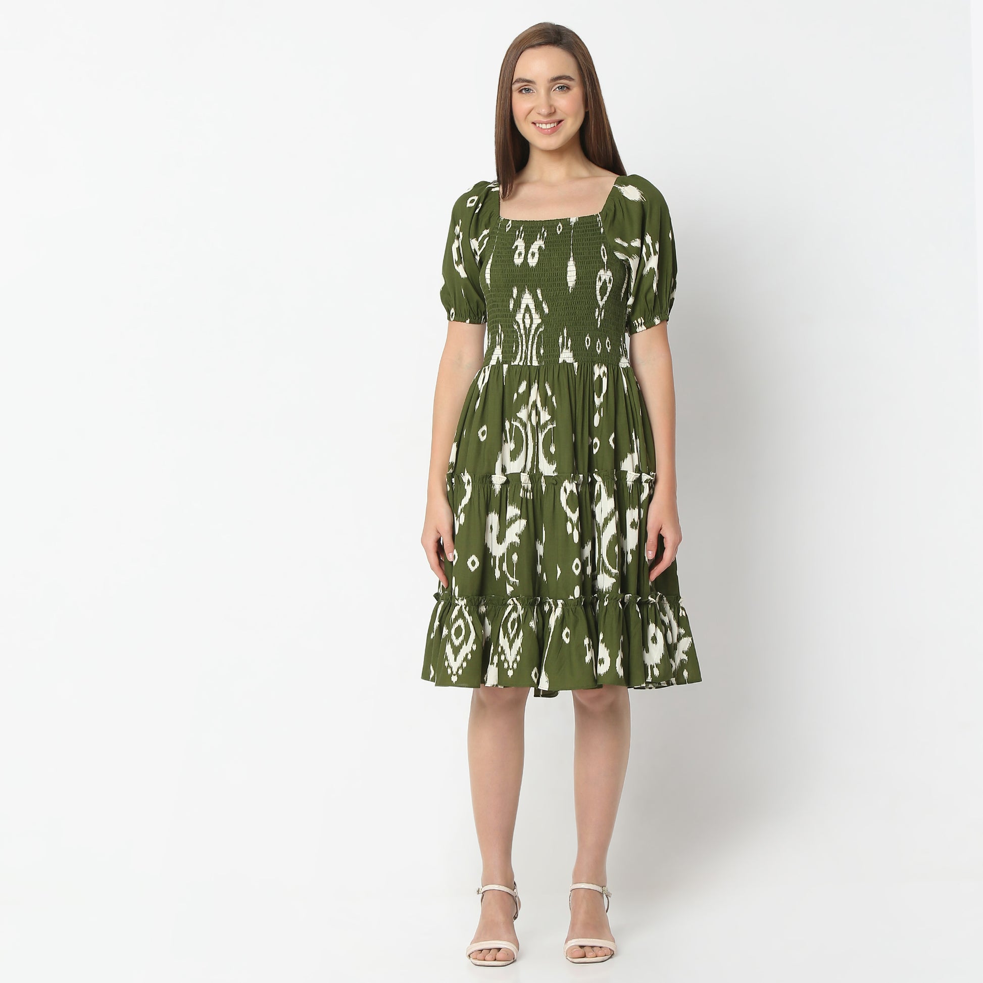 Flare Fit Printed Square Neck Knee Length Dress