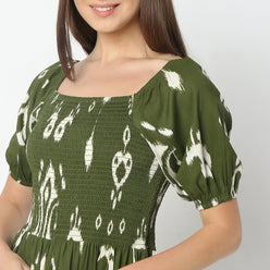 Flare Fit Printed Square Neck Knee Length Dress