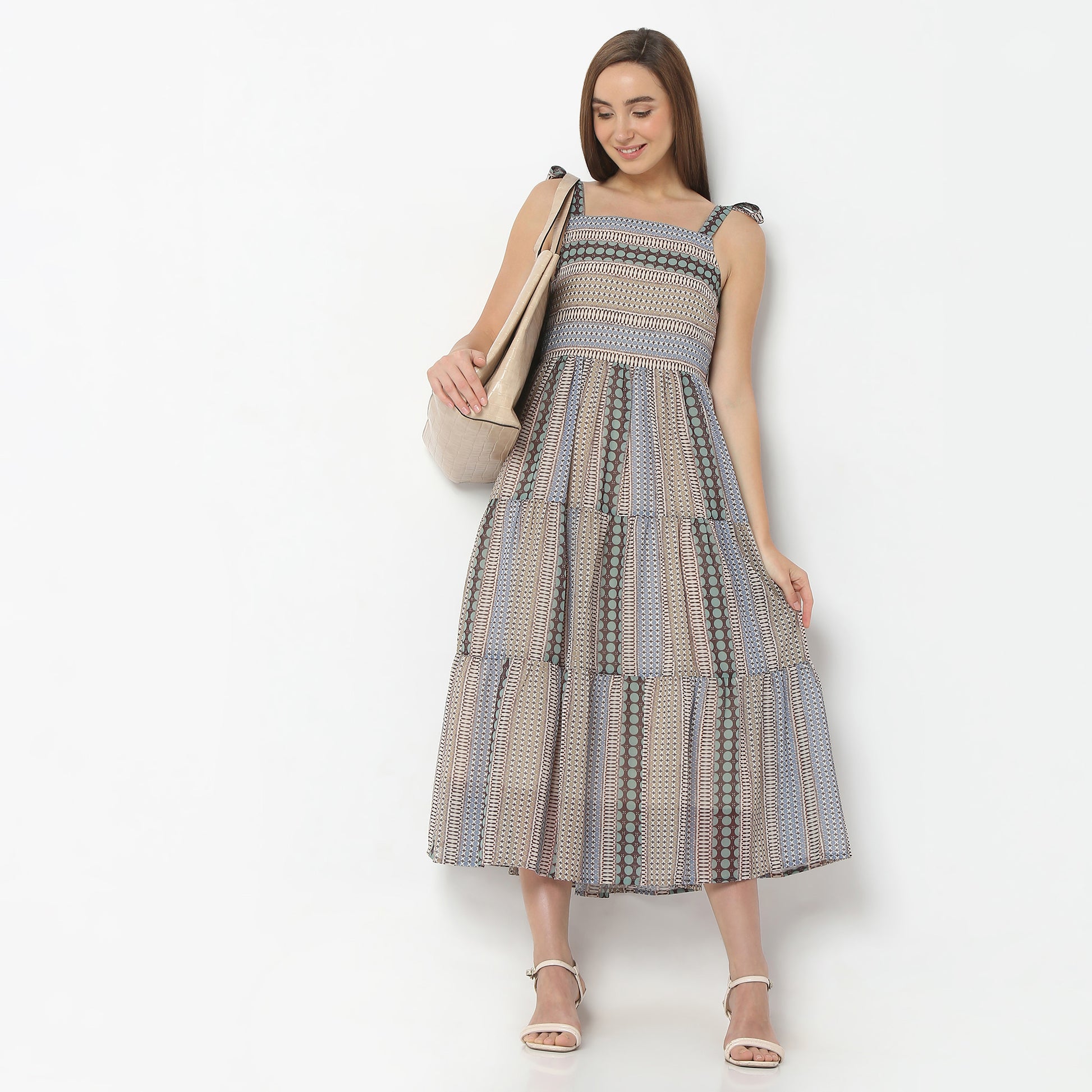 Flare Fit Printed Square Neck Below Knee Dress