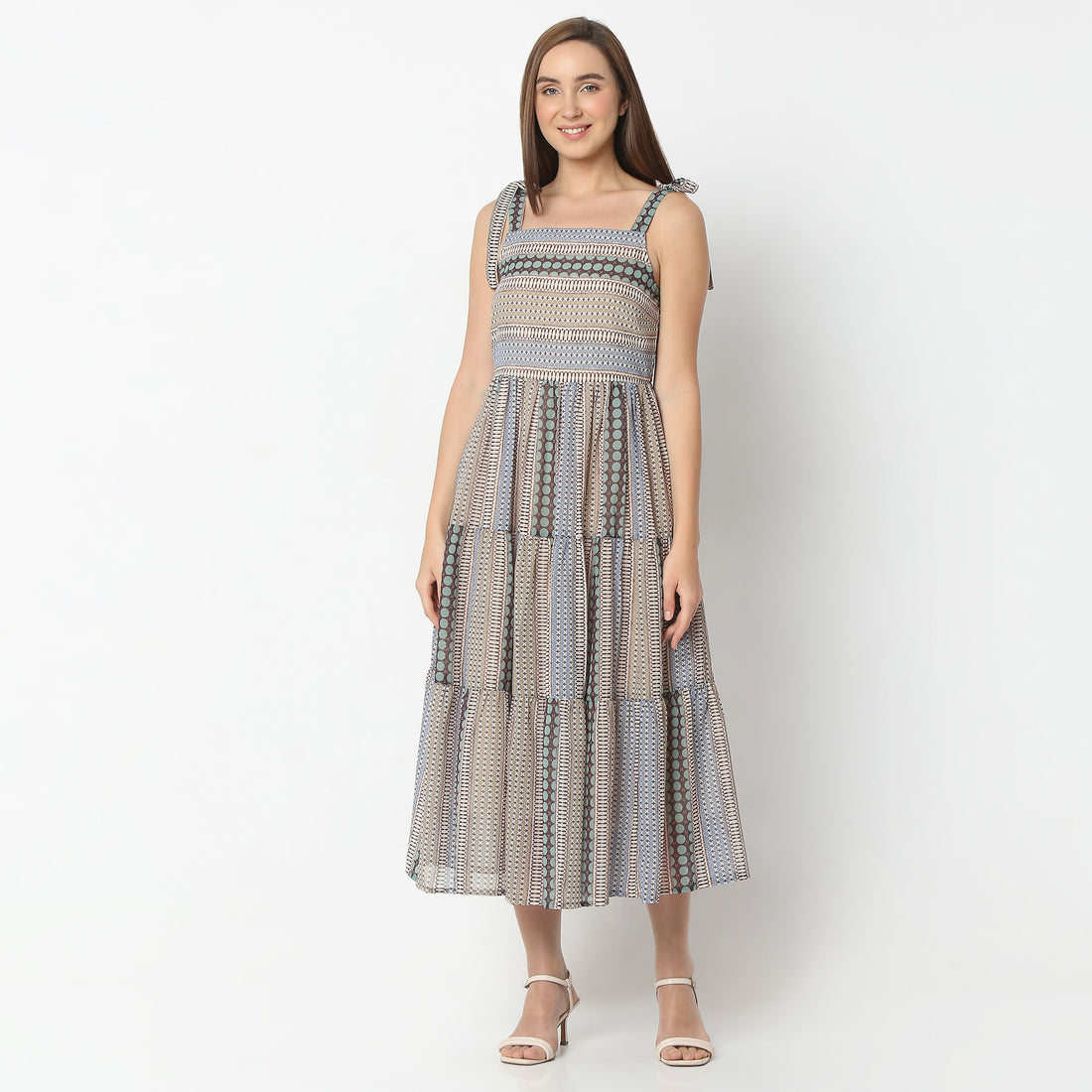 Flare Fit Printed Square Neck Below Knee Dress