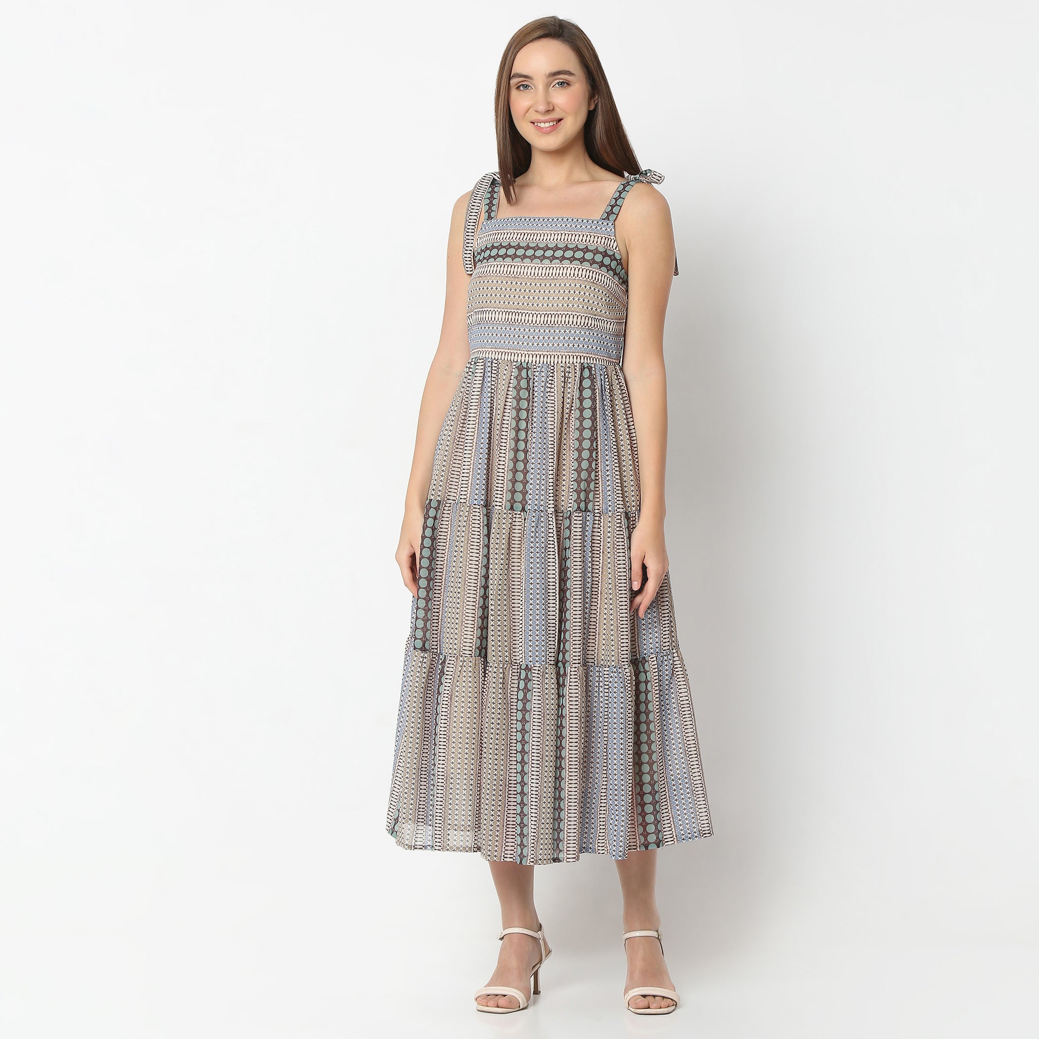 Flare Fit Printed Square Neck Below Knee Dress