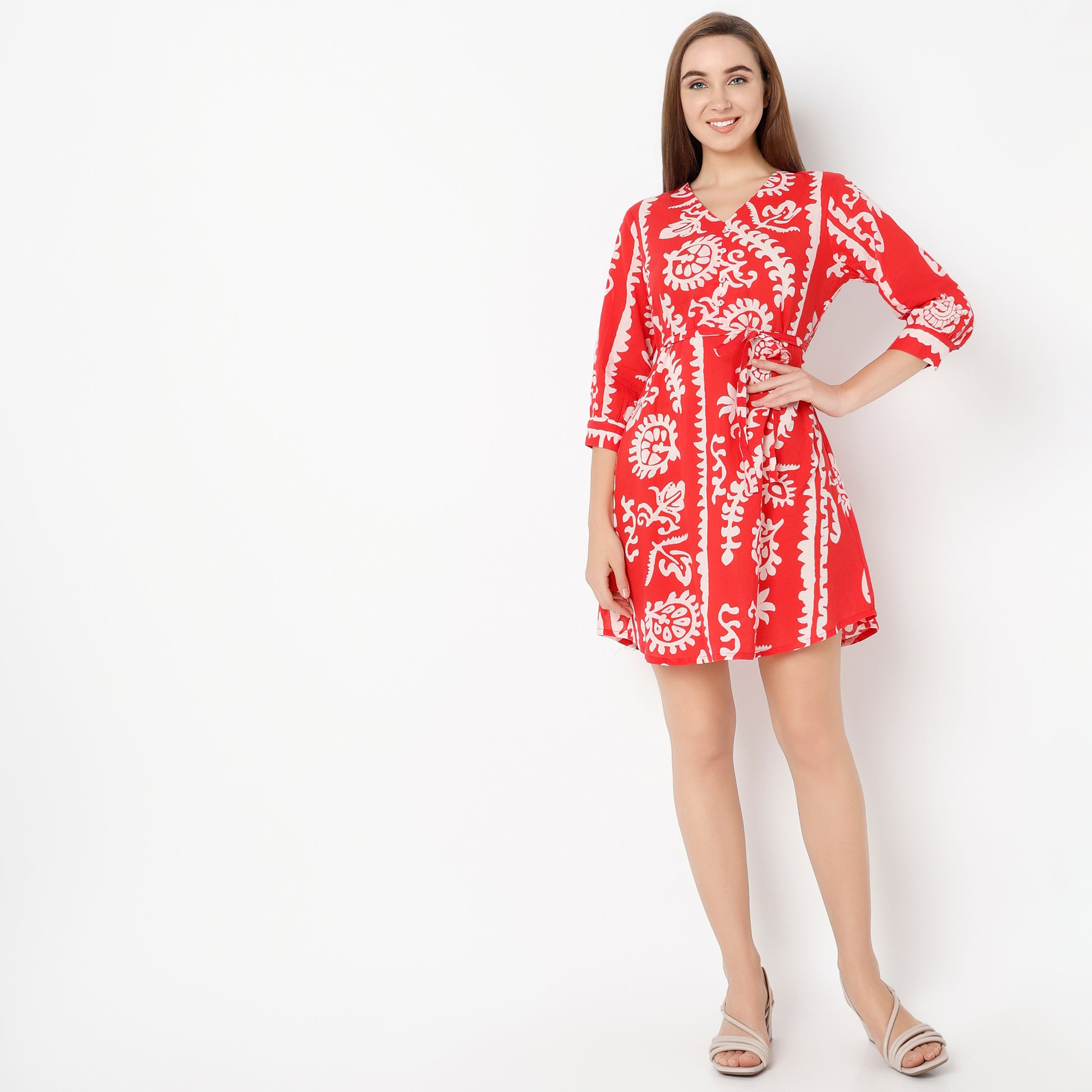 Flare Fit Printed V-Neck Dress