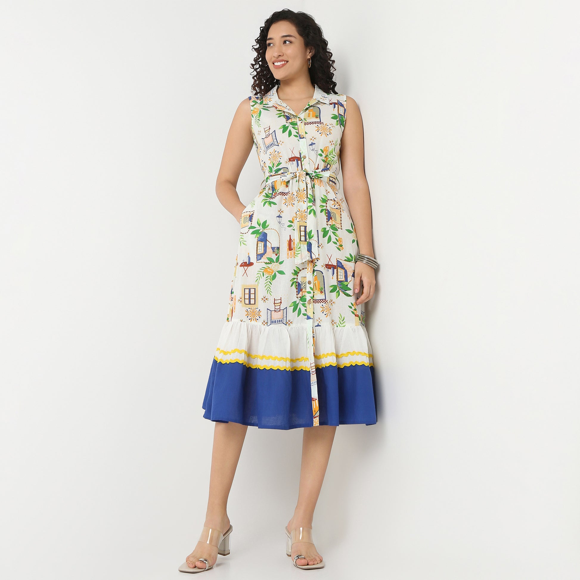 Lapel Collar Sleeveless Printed Dress