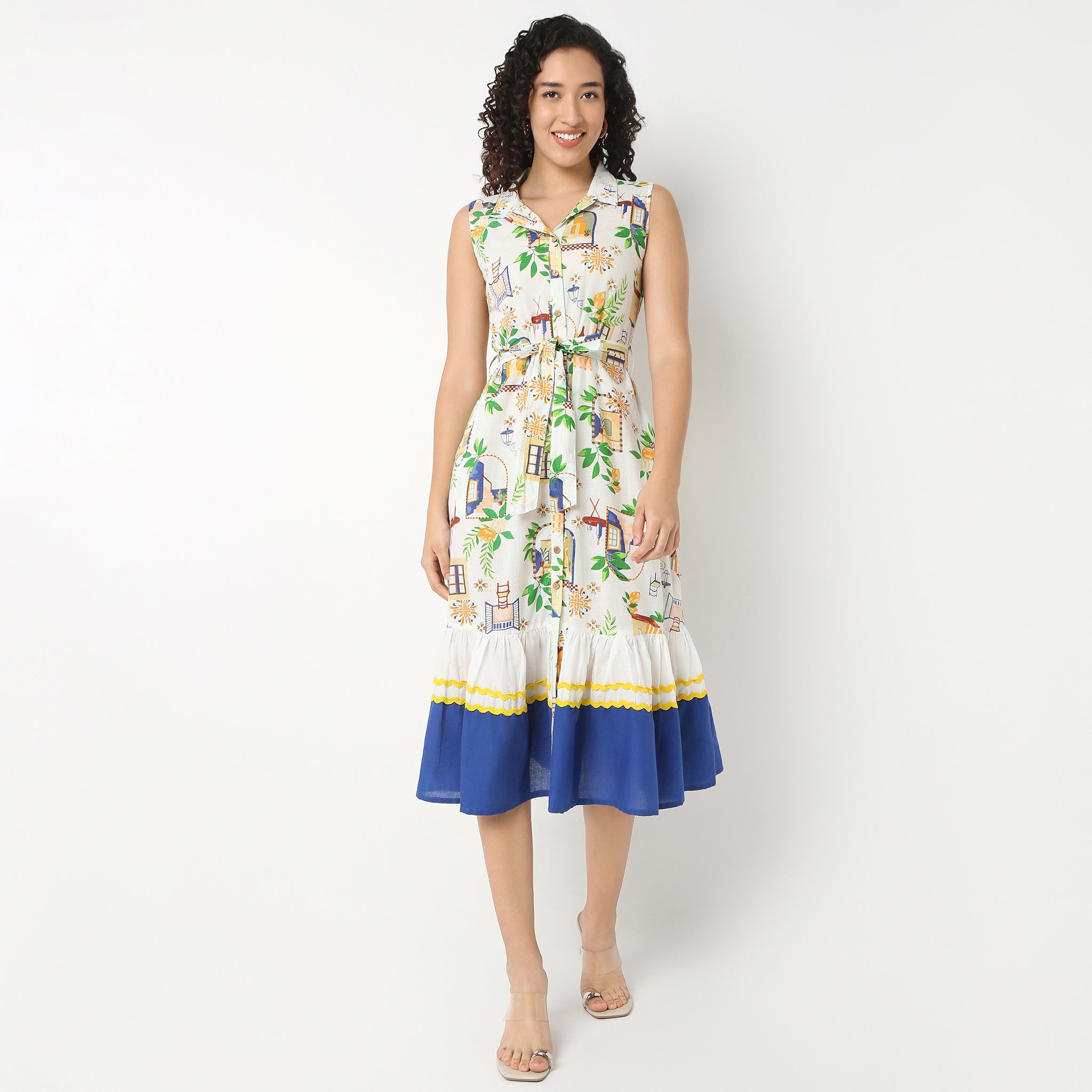 Lapel Collar Sleeveless Printed Dress