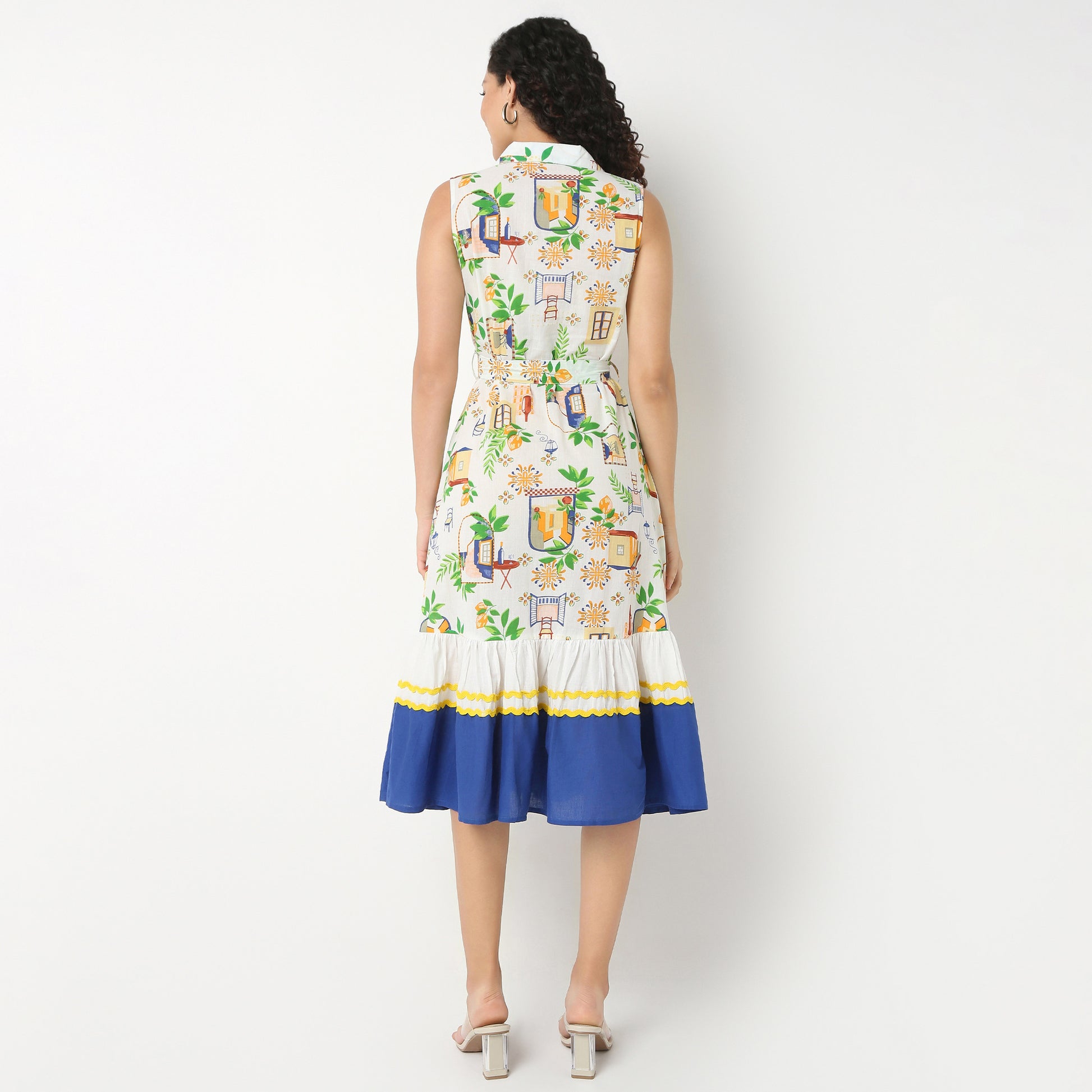 Lapel Collar Sleeveless Printed Dress