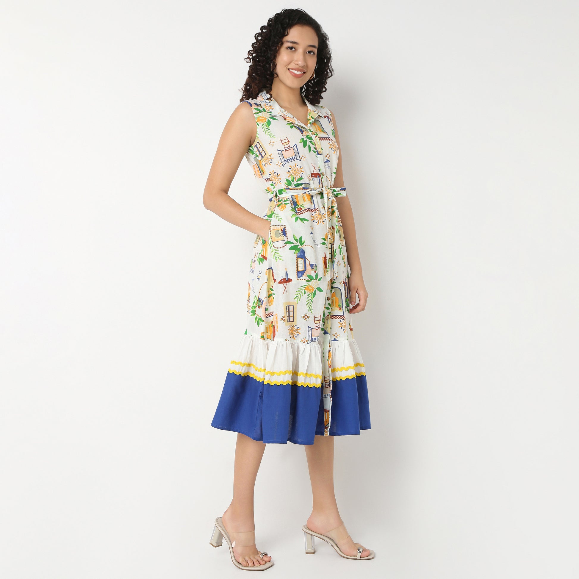 Lapel Collar Sleeveless Printed Dress