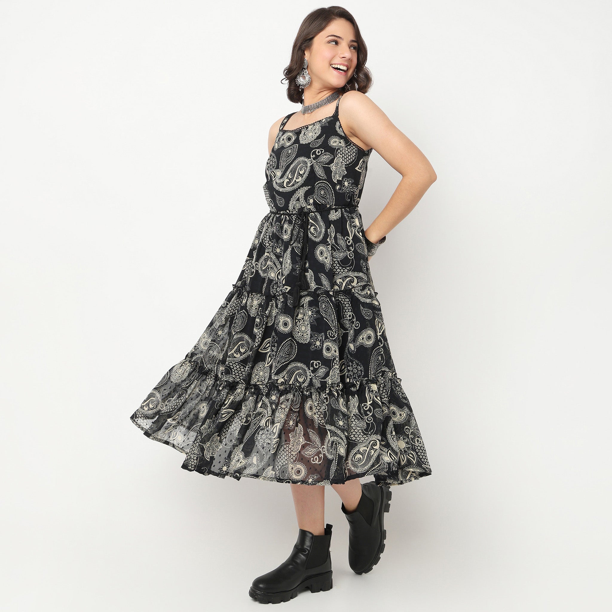 Printed Knee Length Tiered Dress