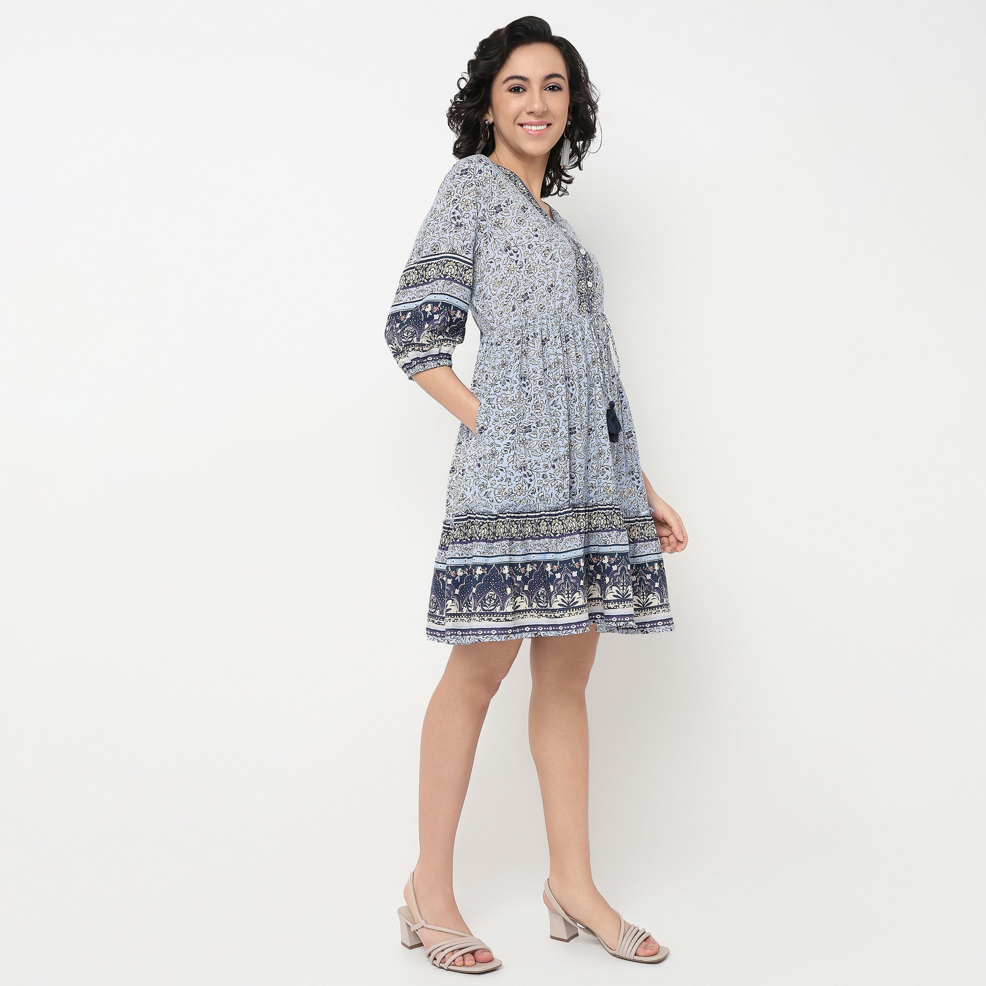 Order Now Women Printed V Neck Gathered Flare Fit Ethnic Wear Dress by Style Union