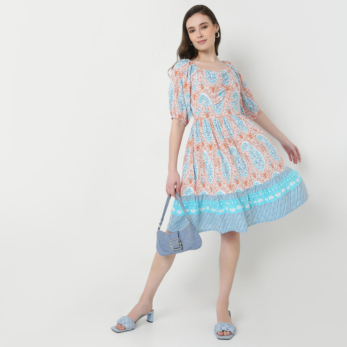 Printed Front Ruched Tiered Dress
