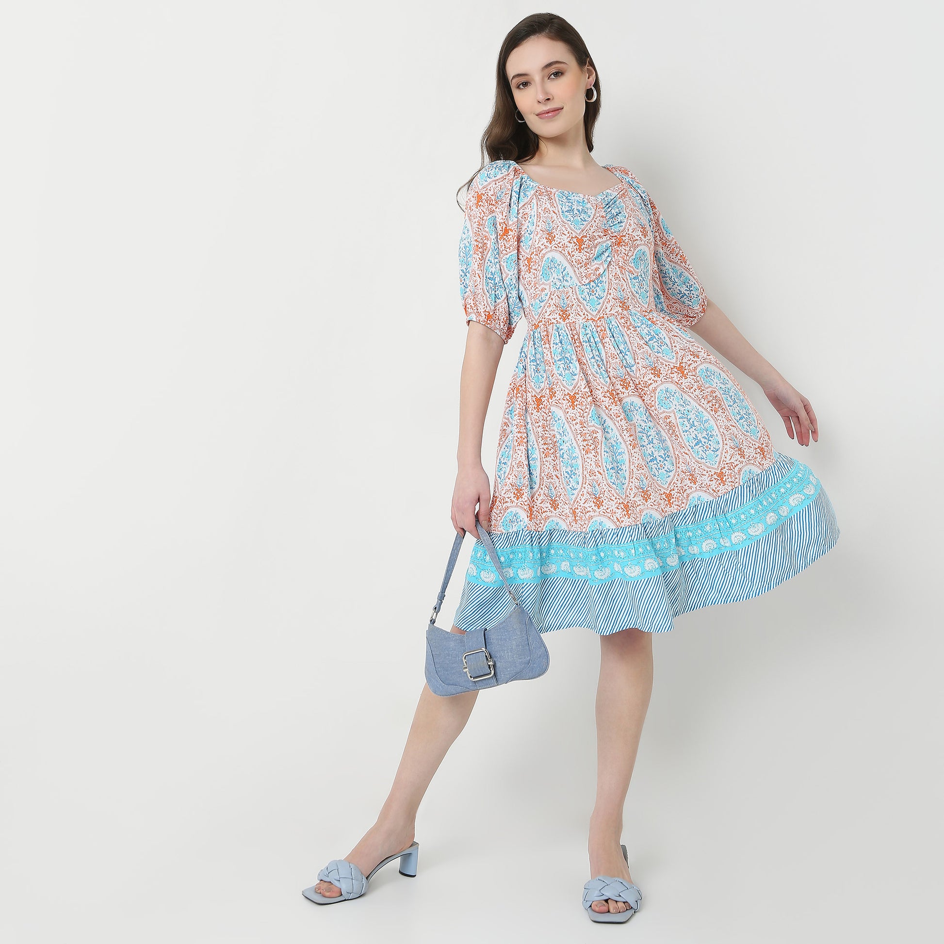 Printed Front Ruched Tiered Dress